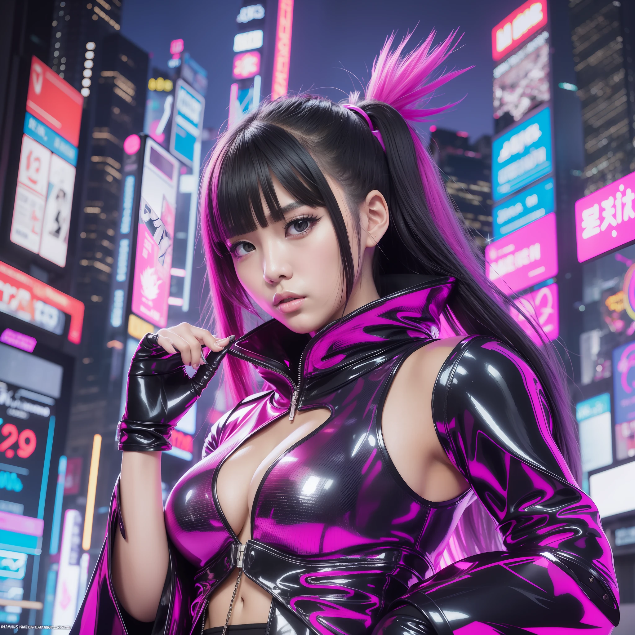 Young Asian woman dressed in shiny clothes as cyberpunk character in neonninja style, futuristic city. young gravure idol, sensual gravure, sexy and cool, night, neon, futuristic, concept art, blade runner worldview, painting, illuminated, close-up, detail, sparkling.