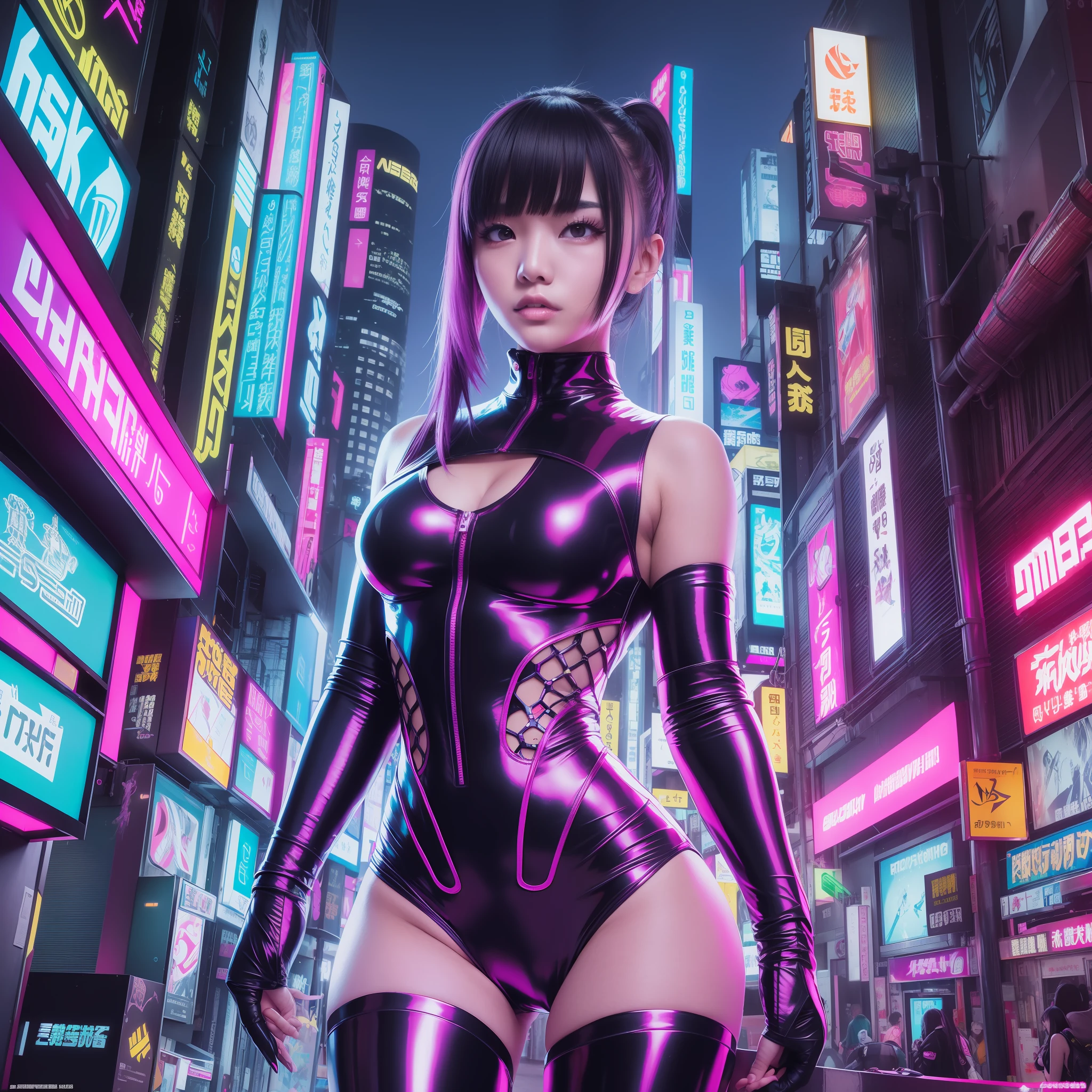 Young Asian woman dressed in shiny clothes as cyberpunk character in neonninja style, futuristic city. young gravure idol, sensual gravure, sexy and cool, night, neon, futuristic, concept art, blade runner worldview, painting, illuminated, close-up, detail, sparkling.