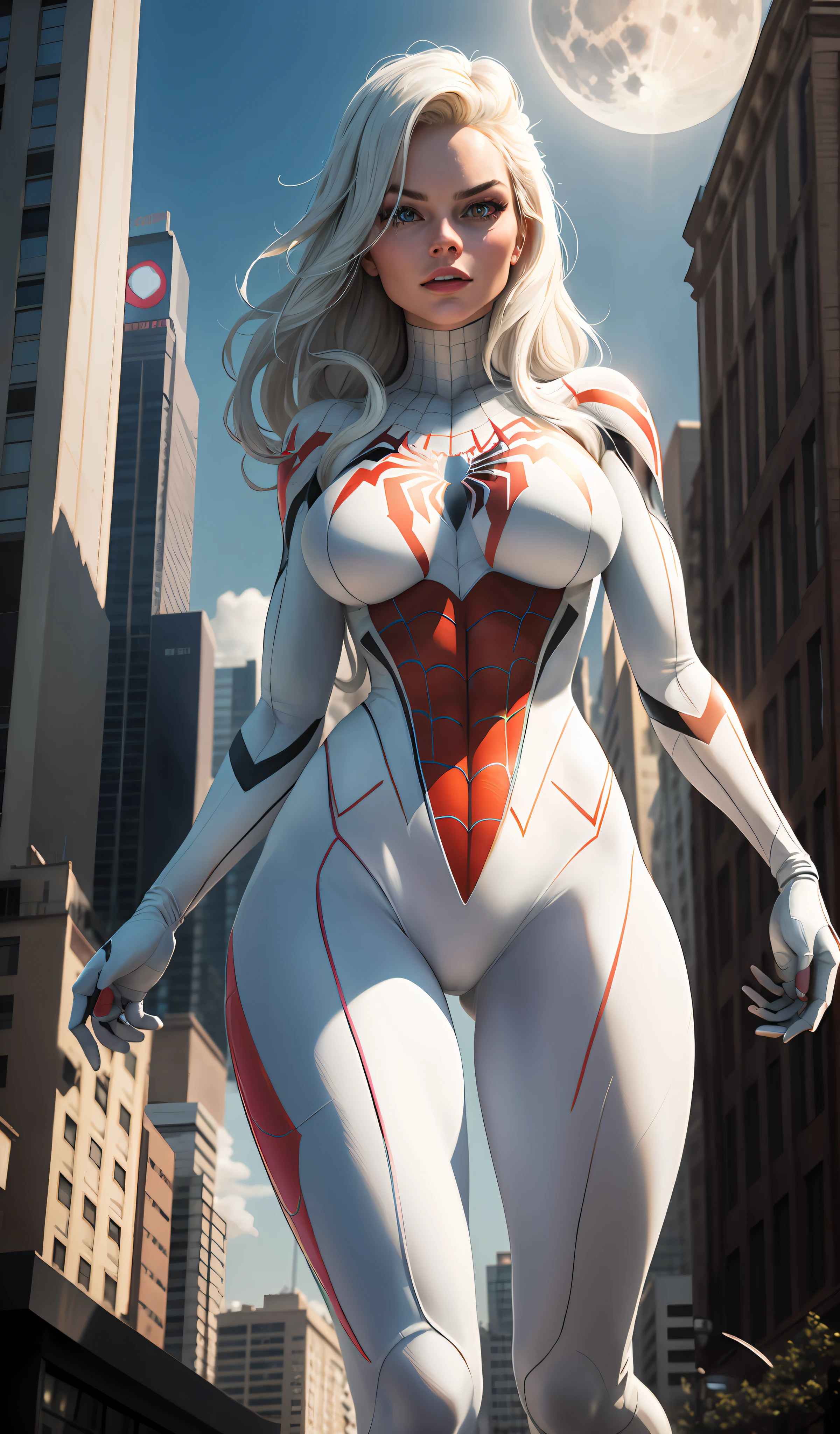 Margot Robbie (Masterpiece, 4k resolution, ultra-realistic, very detailed), (White superhero theme, charismatic, there's a girl at the top of town, wearing Spider-Man costume, she's a superhero), [ (25 years), (long white hair:1.2), full body, (blue eyes:1.2), ((Spider-Man pose),show of strength, jumping from one building to another), ((sandy urban environment):0.8)| (cityscape, at night, dynamic lights), (full moon))] # Explanation: The Prompt mainly describes a 4K painting of ultra-high definition, very realistic, very detailed. It shows a superheroine at the top of the city, wearing a Spider-Man costume. The theme in the painting is a white superhero theme, the female protagonist has long white hair, is 25 years old and her entire body is shown in the painting. In terms of portraying the actions of superheroines, spiders are employed