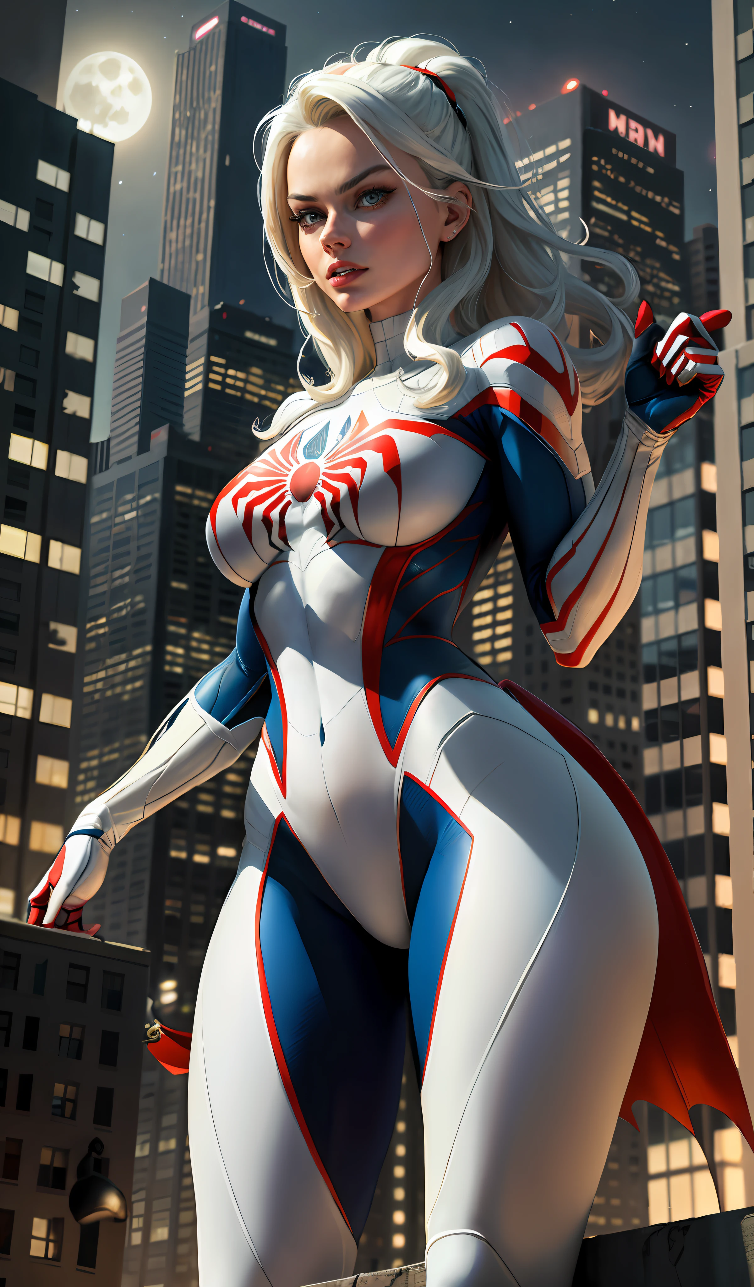 Margot Robbie (Masterpiece, 4k resolution, ultra-realistic, very detailed), (White superhero theme, charismatic, there's a girl at the top of town, wearing Spider-Man costume, she's a superhero), [ (25 years), (long white hair:1.2), full body, (blue eyes:1.2), ((Spider-Man pose),show of strength, jumping from one building to another), ((sandy urban environment):0.8)| (cityscape, at night, dynamic lights), (full moon))] # Explanation: The Prompt mainly describes a 4K painting of ultra-high definition, very realistic, very detailed. It shows a superheroine at the top of the city, wearing a Spider-Man costume. The theme in the painting is a white superhero theme, the female protagonist has long white hair, is 25 years old and her entire body is shown in the painting. In terms of portraying the actions of superheroines, spiders are employed