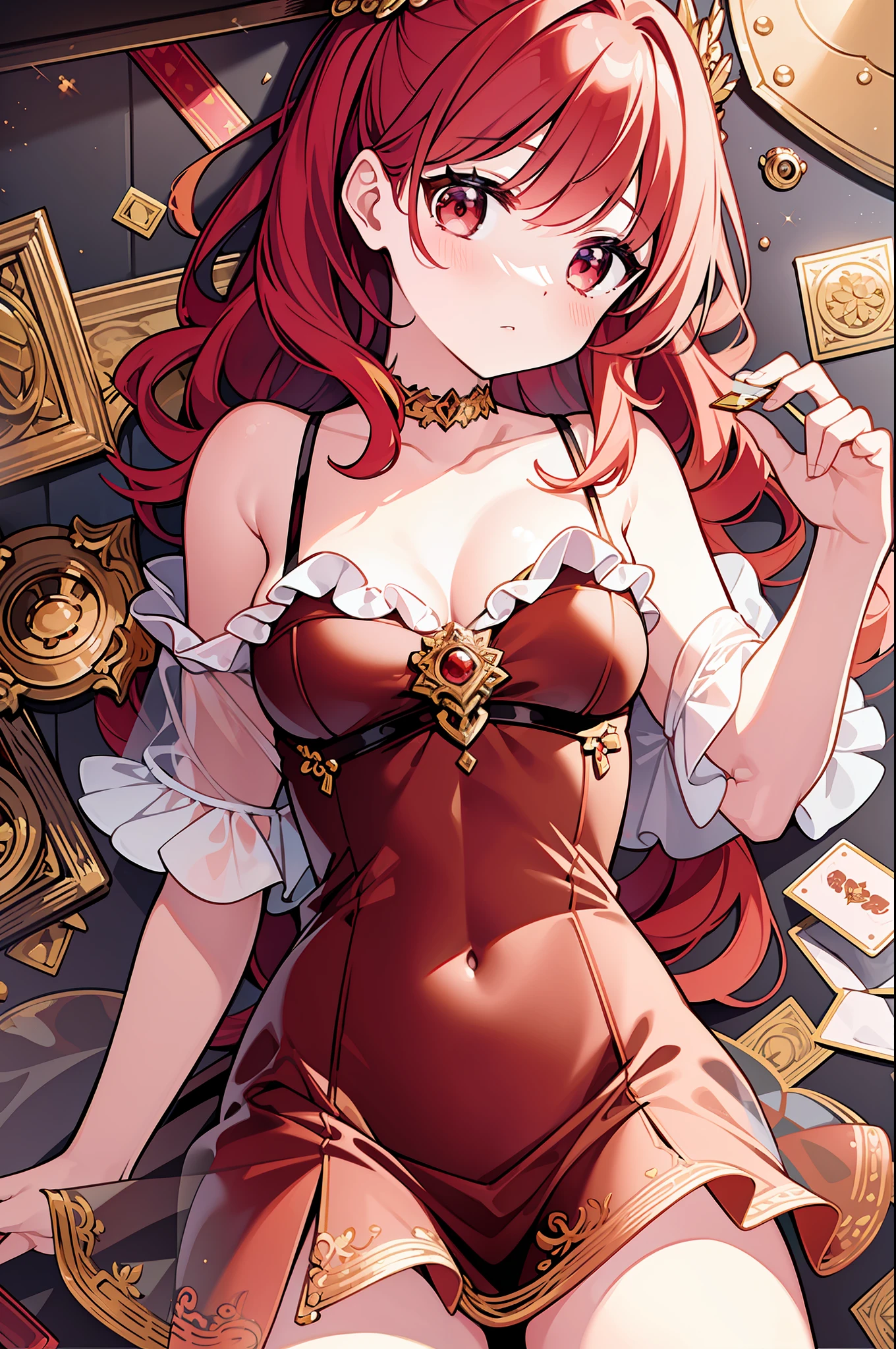 (MASTERPIECE), (Best Quality), (Super Detail), Official Art, One Girl, Lori with Pale Red Hair, Petite , Loli, Red aold See-Through Dress, Sleeveless, Off Shoulder, Small, Very Small, Small, Cleavage, Thigh Focus, Navel, Card Illustration, Fire