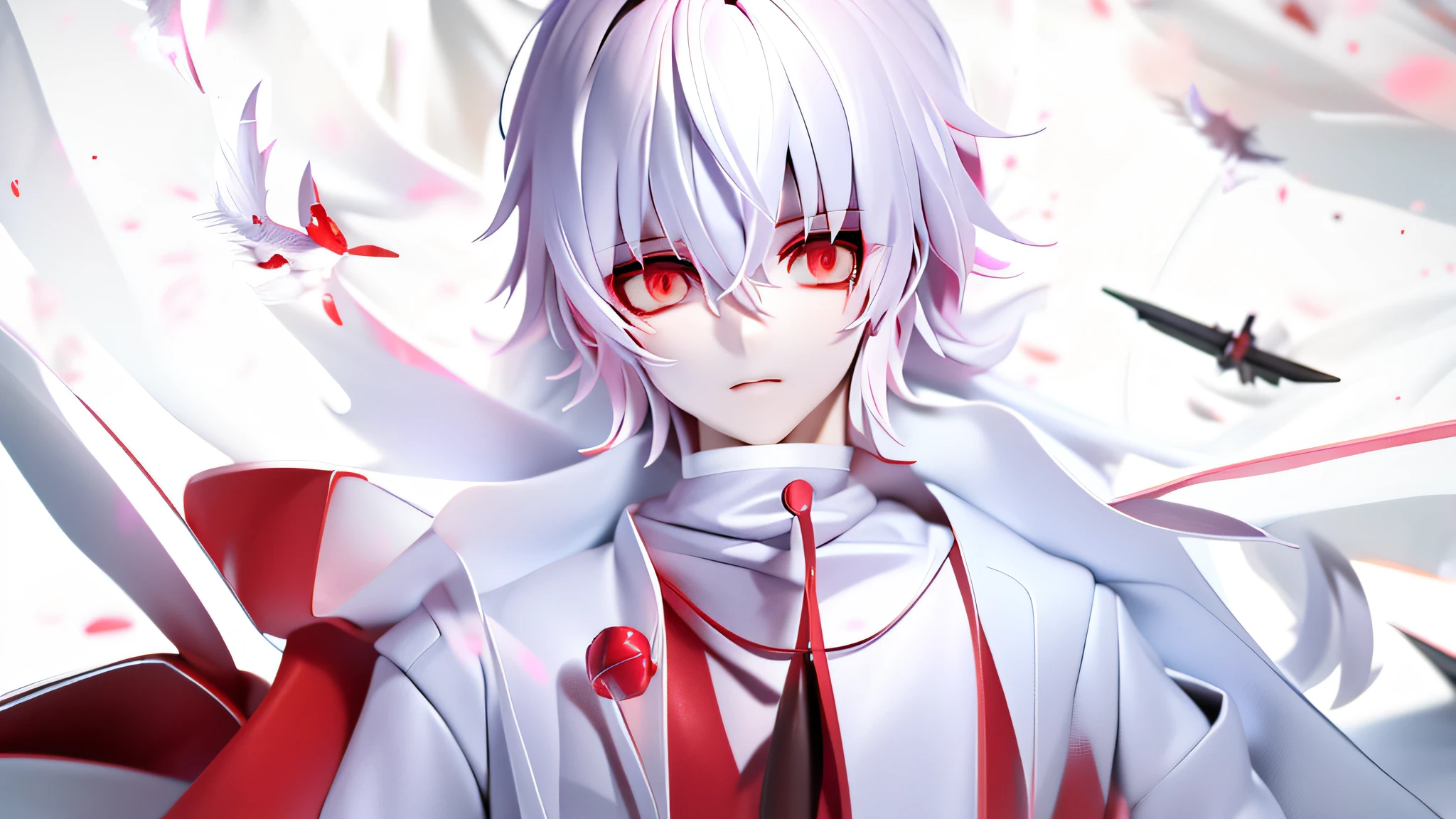 anime character with white hair and red eyes standing in front of a red background, with red glowing eyes, with glowing red eyes, nagito komaeda, male anime character, hajime yatate, white haired deity, his eyes are bleeding intense, kaneki ken, his eyes are red and glowing, handsome japanese demon boy, red - eyed, red-eyed