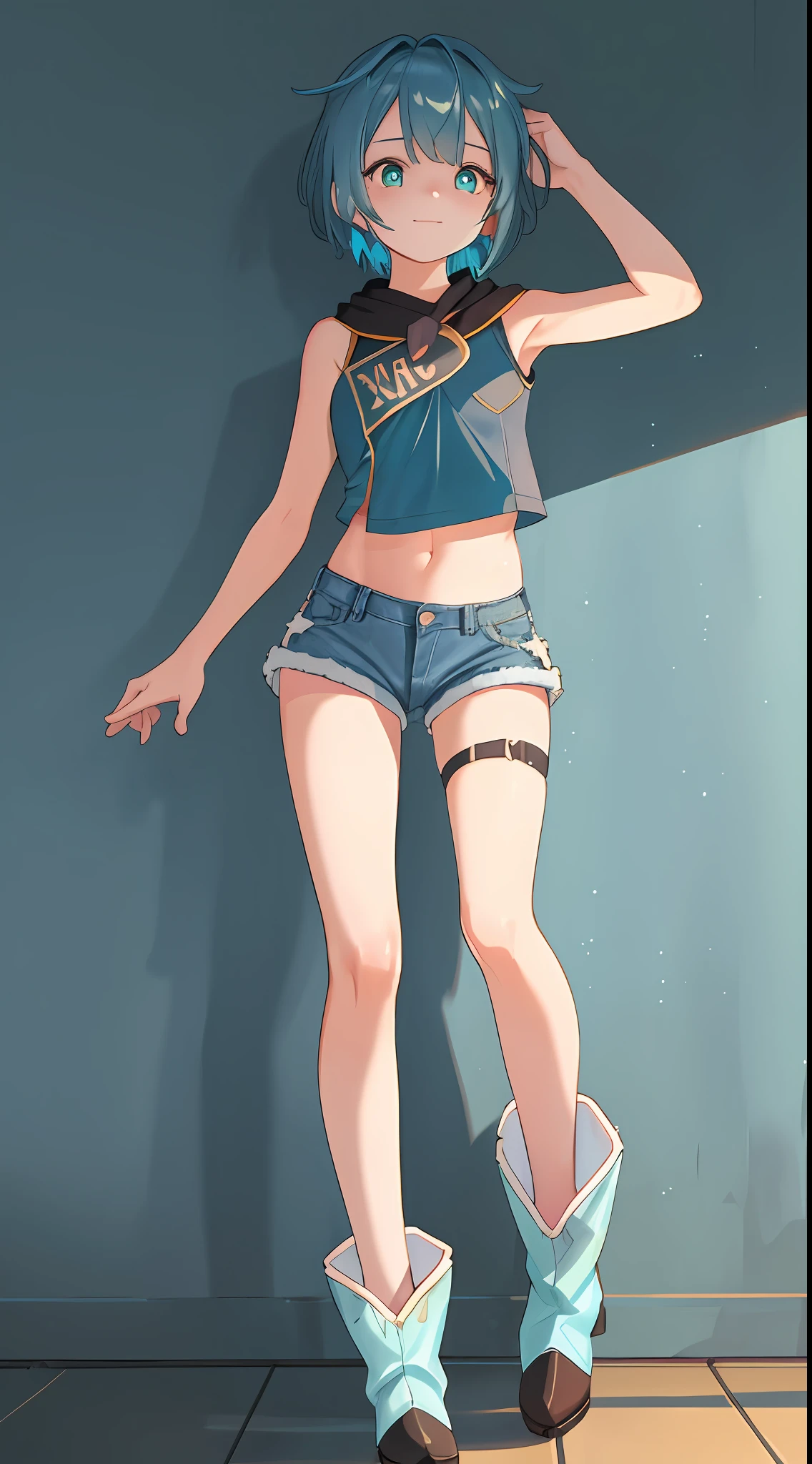 1boy,(((solo))), (((reality)),((clear cyan eyes)),((cyan glitter spots on hips)), neck tufts, (bulging,) crotch tufts, ((half-length portraits)), (feminine, curved), ((slim))), (short dark blue hair))), (thin), twink, gay, ass, (chibi: 1.2), (detailed skin), (dynamic pose, seductive pose: 1.3), (outdoor, port at sunset) ((denim shorts, crop top top, booties, arm warmer)), (movie lighting), (detailed background), ((three-quarter view))), (half-body shadow), (happy, big eyes, cute), (butt focus), [backlight], [dusk ray], [detailed ambient light], [gray natural light], [belly ambient light], [realistic proportion], [clear content], [sharp focus], (suspicious content), (shadow), ((masterpiece))