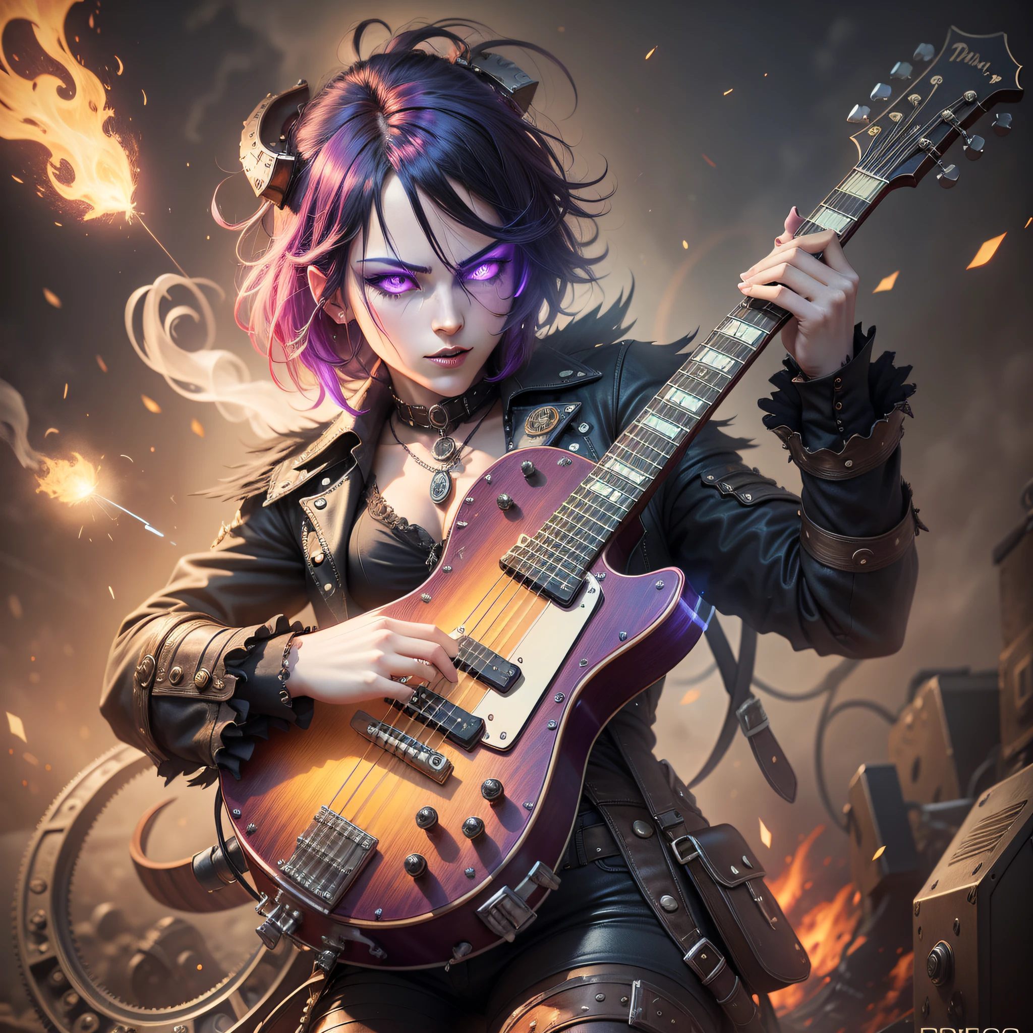 a steampunk demon playing guitar, high definition, gothic, dark, darkness magic, smoke, explosion of colors, and sparks, cinema 4D, pastel tetradic colors