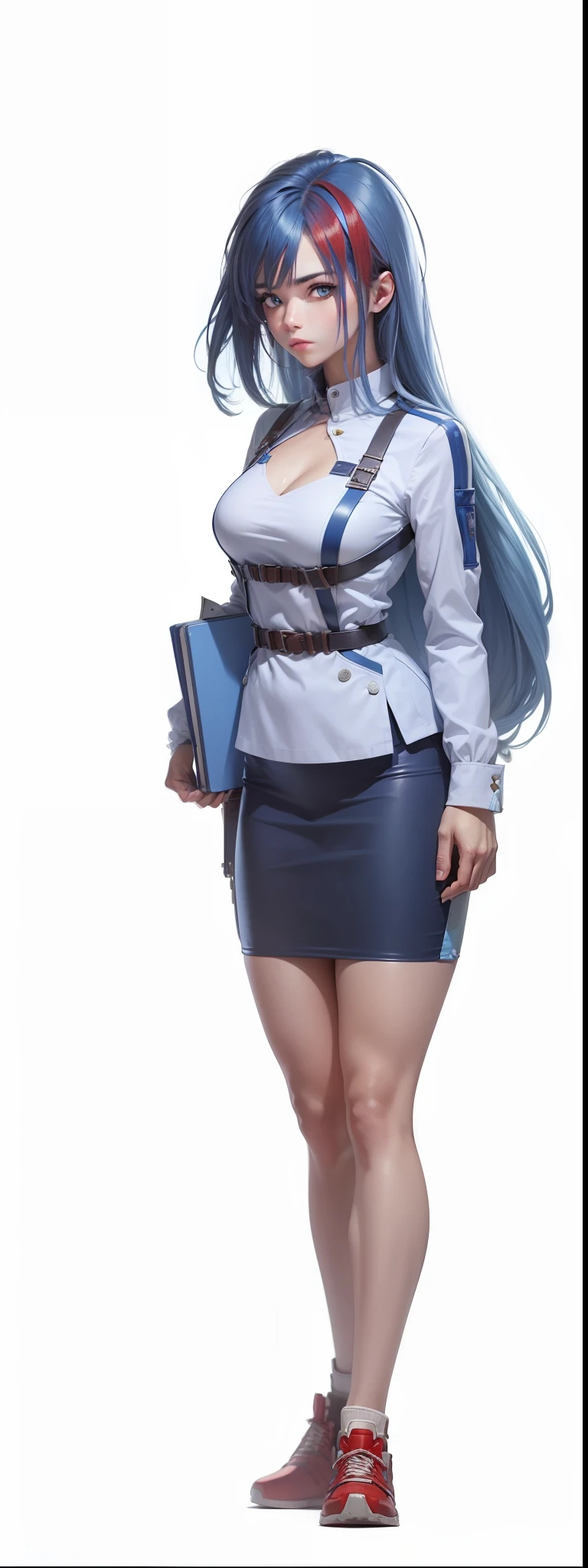 Masterpiece, HDR, natural skin texture, blue hair with red lock, full body, looking at the camera, dynamic position, blue folder under the arm