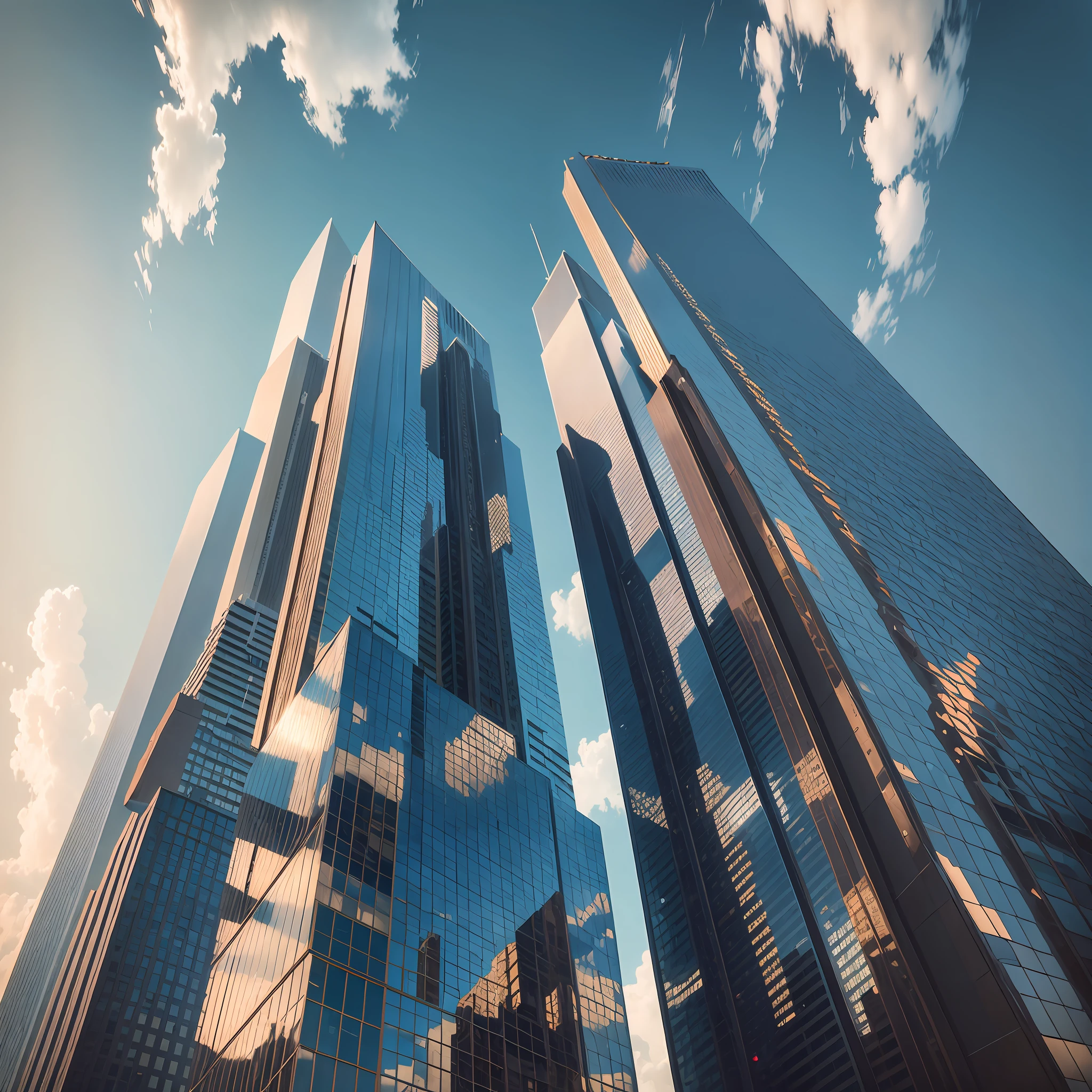 arafficial skyscrapers with a clock on each side of them, full of clear glass facades, with tall glass skyscrapers, glass buildings, full of glass facades, modern buildings, abstract facades of buildings, modern glass building, chrome buildings, architectural shot, with shiny glass buildings, shot from a low angle, glass and steel, high rise buildings --auto --s2