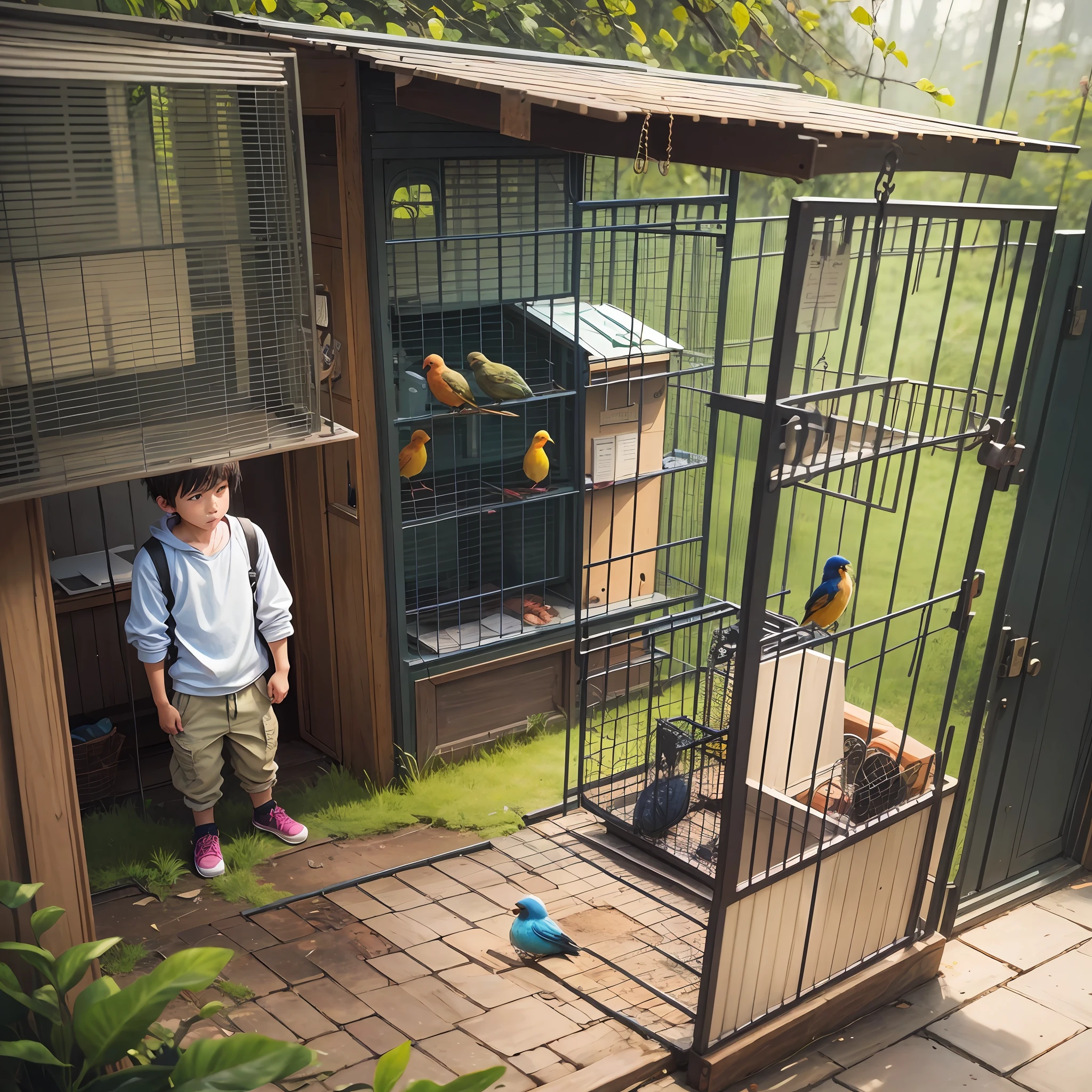 He was so busy telling his stories to his friends that he ended up leaving the bird's cage open. --auto --s2