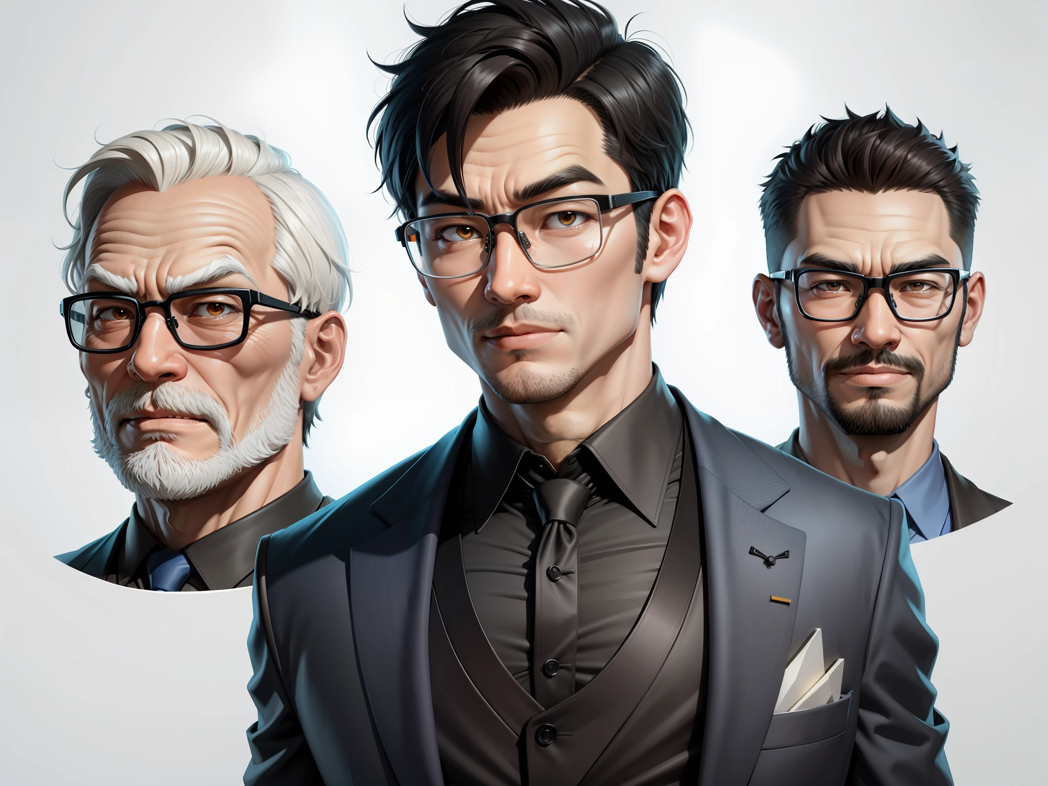 Super young man, oriental face, TV anchor, bust portrait illustration, alone, black suit, blue tie, silver glasses, slightly chubby face, clean face, no beard, black super short hair, black eyes, confident smile, 3c computer sub-product, iPad, iPhone, digital painting, 3D character design by Mark Claireden and Pixar and Hayao Miyazaki, the illustration is a 4K resolution HD illustration with very detailed facial features and cartoon-style visuals.