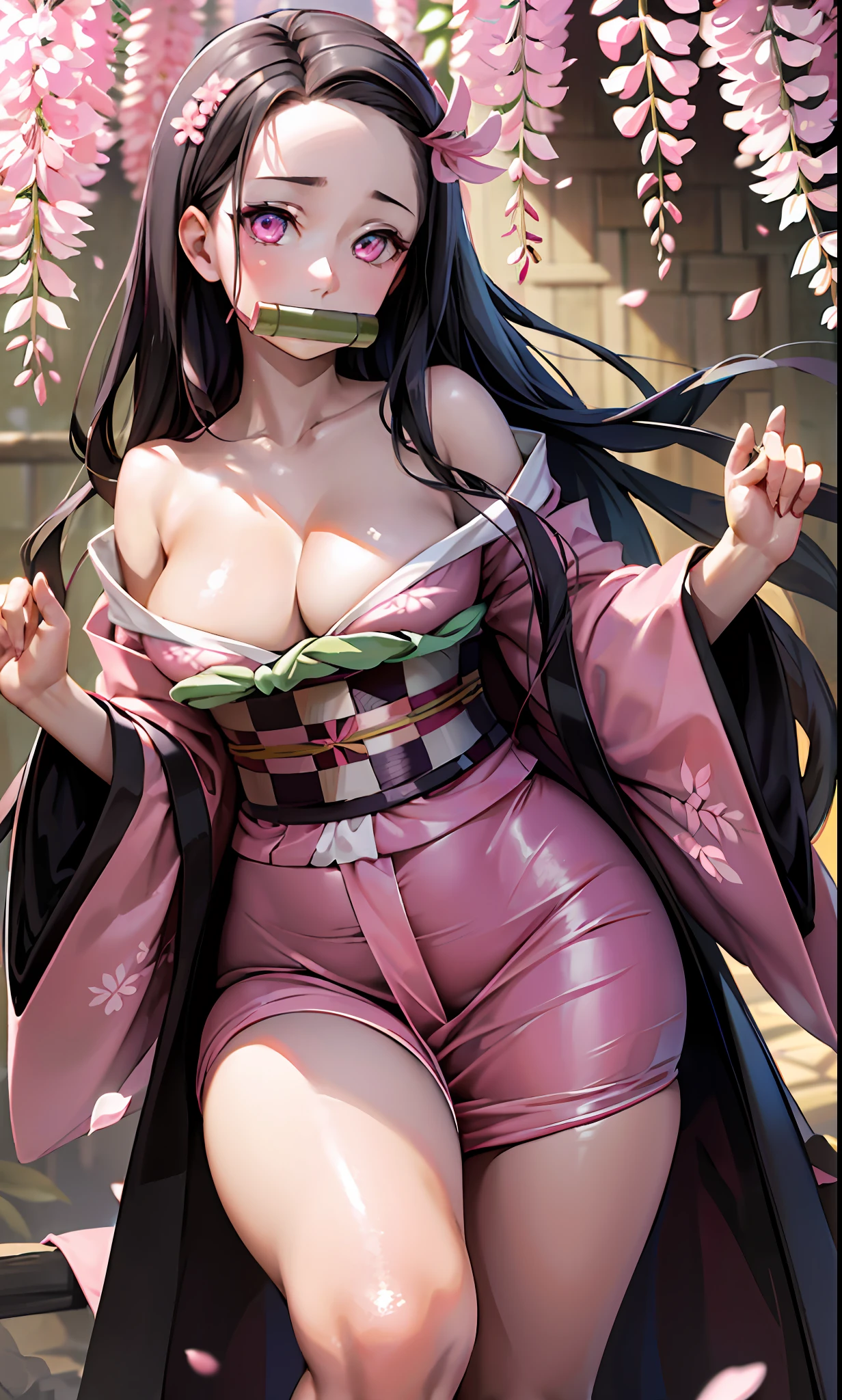 masterpiece, (pink kimono), seductive face, good lighting, décolleté, fine details, masterpiece, glowing eyes, 1girl, black hair, gag, bamboo, Nezuko Kamado, wisteria background, masterpiece, best quality, POV, whole body, wide hips,