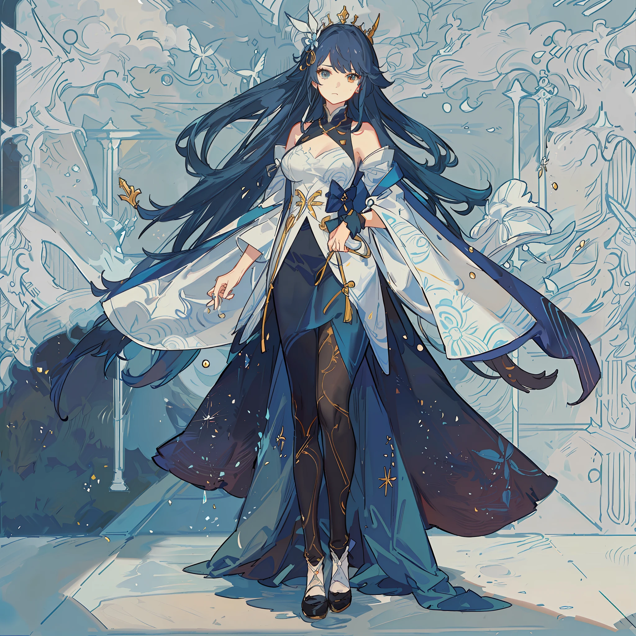 masterpiece, Female, 白发，蓝色衣服, clothing design, full body shot, standing, facing the camera, standing upright