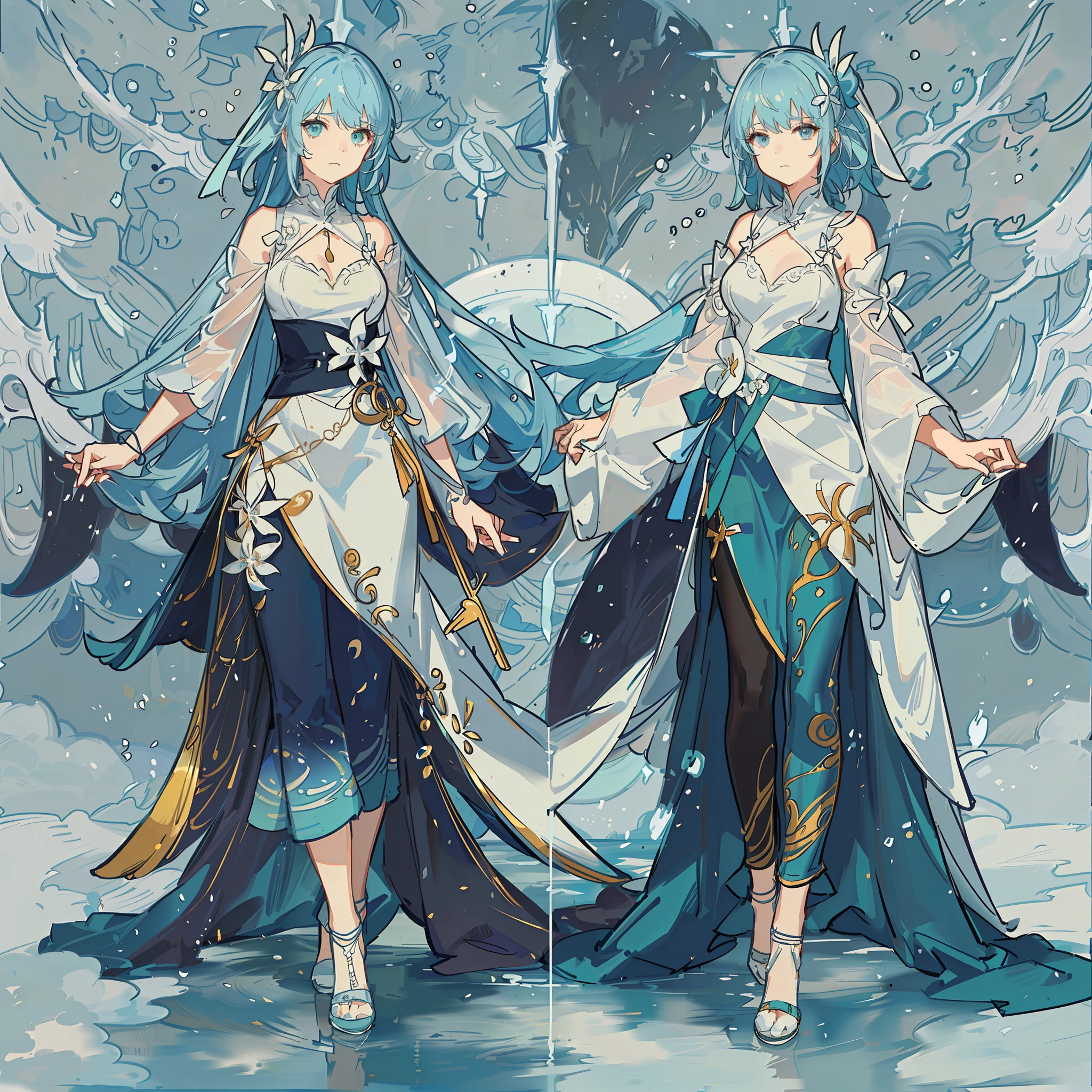 masterpiece, Female, 白发，蓝色衣服, clothing design, full body shot, standing, facing the camera, standing upright