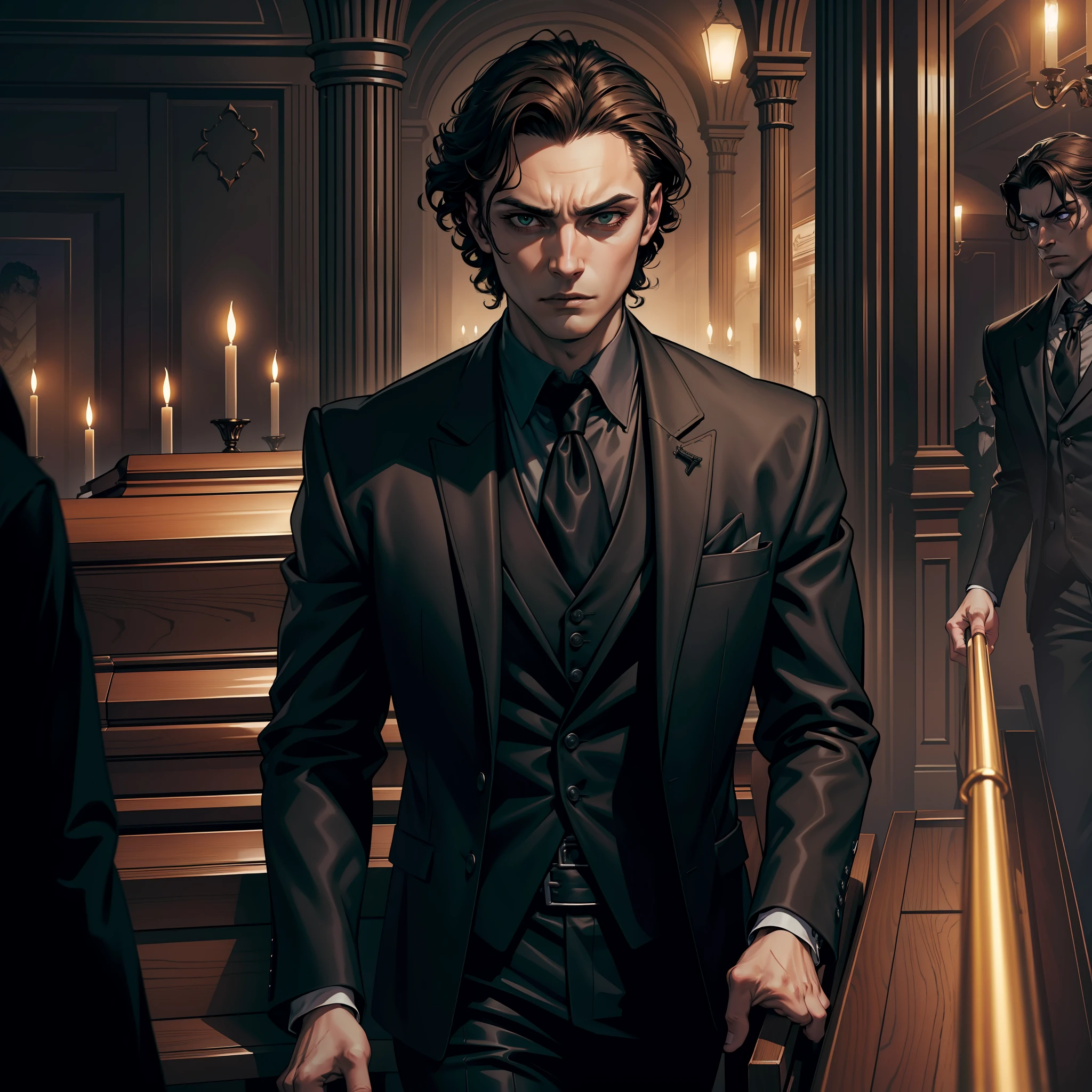 (extremely detailed 8k wallpaper), dark theme, Vampire the Masquerade, modern horror, 2020s, young man, wearing gray suit, sharp focus, (subsuperficial scattering:1.1), award-winning photography, centered face, Jude Law's face, ((a Hecata vampire)), half-body shot:1.1, curly dark brown hair, green eyes, confident expression, interior of the funeral company with several coffins around it, dramatic lighting