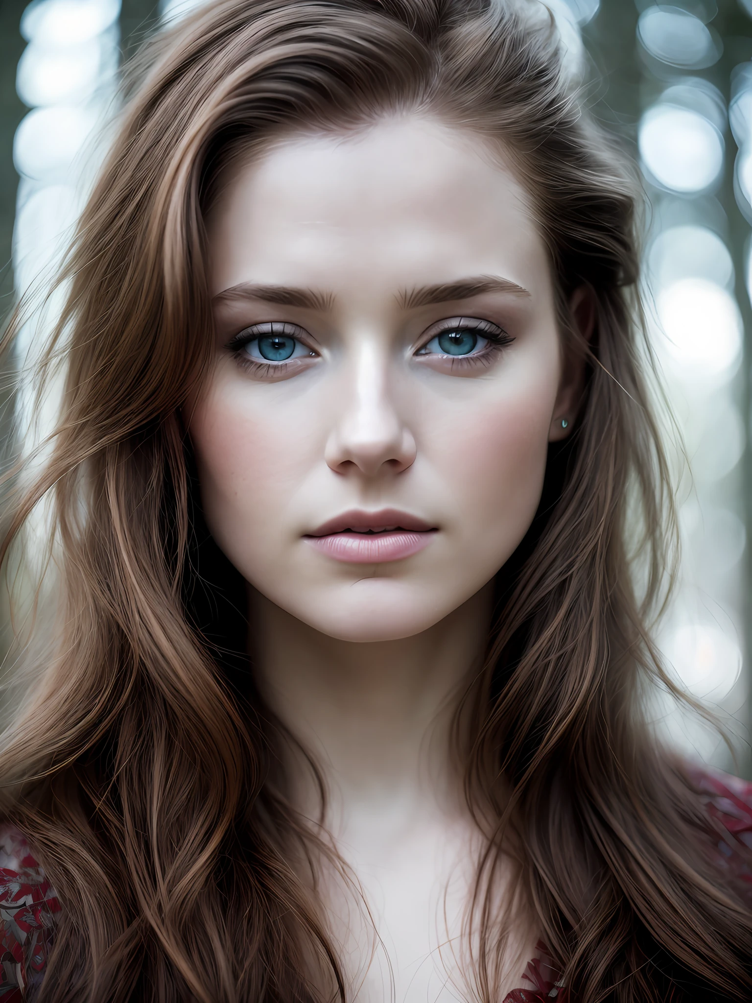 closeup of a european woman, blue eyes, ginger hair, winter forest, natural skin texture, 24mm, 4k textures, soft cinematic light, RAW photo, photorealism, photorealistic, intricate, elegant, highly detailed, sharp focus, ((((((cinematic look)))), soft tones, insane details, intricate details, hyperdetailed, low contrast, soft cinematic light, dark colors, exposure mix, hdr, faded