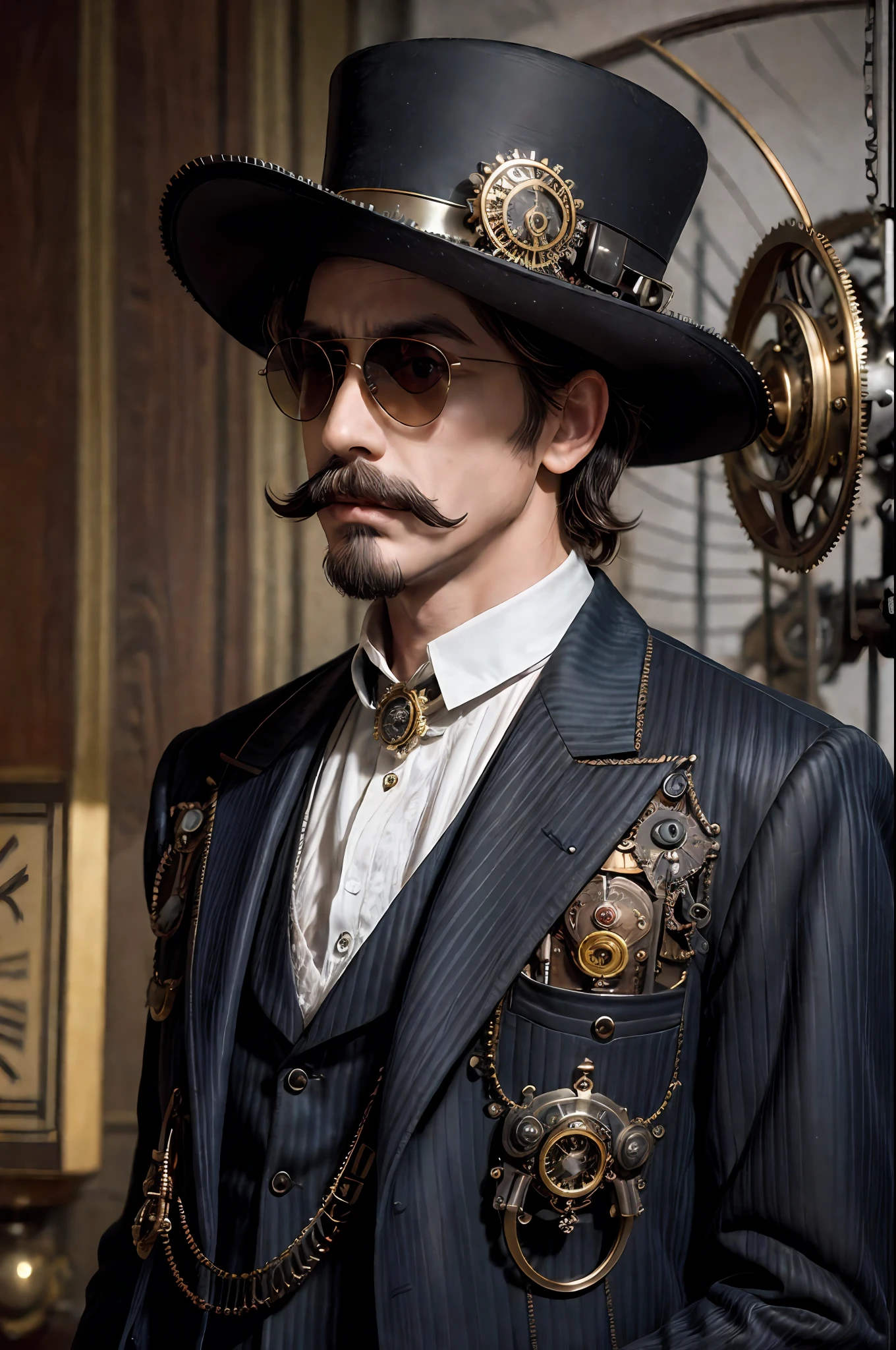 close up, 1man, gentelman in the hat and round steel gear, sunglasses, perfect short mustache, victorian era, ((steampunk)), cinematography, crafted, elegant, meticulous, magnificent, maximum details, extremely hyper aesthetic, intricately detailed, Hippie Glasses Retro Round Metal