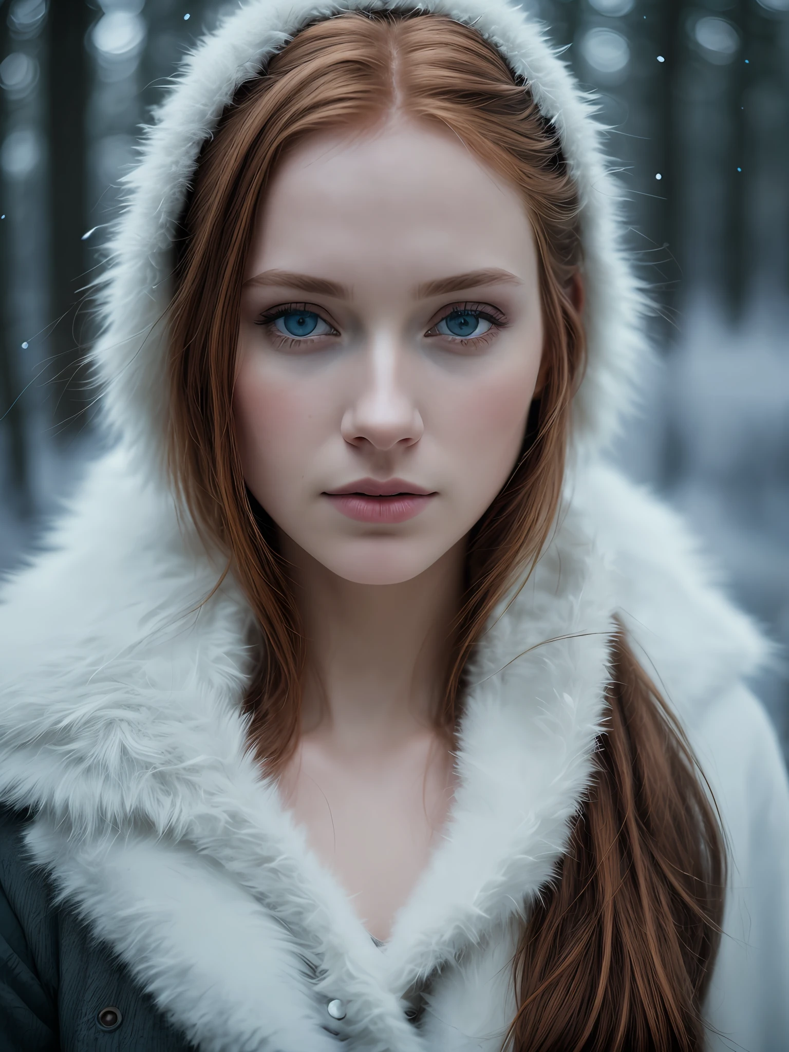 closeup of a european woman, blue eyes, ginger hair, winter forest, natural skin texture, 24mm, 4k textures, soft cinematic light, RAW photo, photorealism, photorealistic, intricate, elegant, highly detailed, sharp focus, ((((((cinematic look)))), soft tones, insane details, intricate details, hyperdetailed, low contrast, soft cinematic light, dark colors, exposure mix, hdr, faded