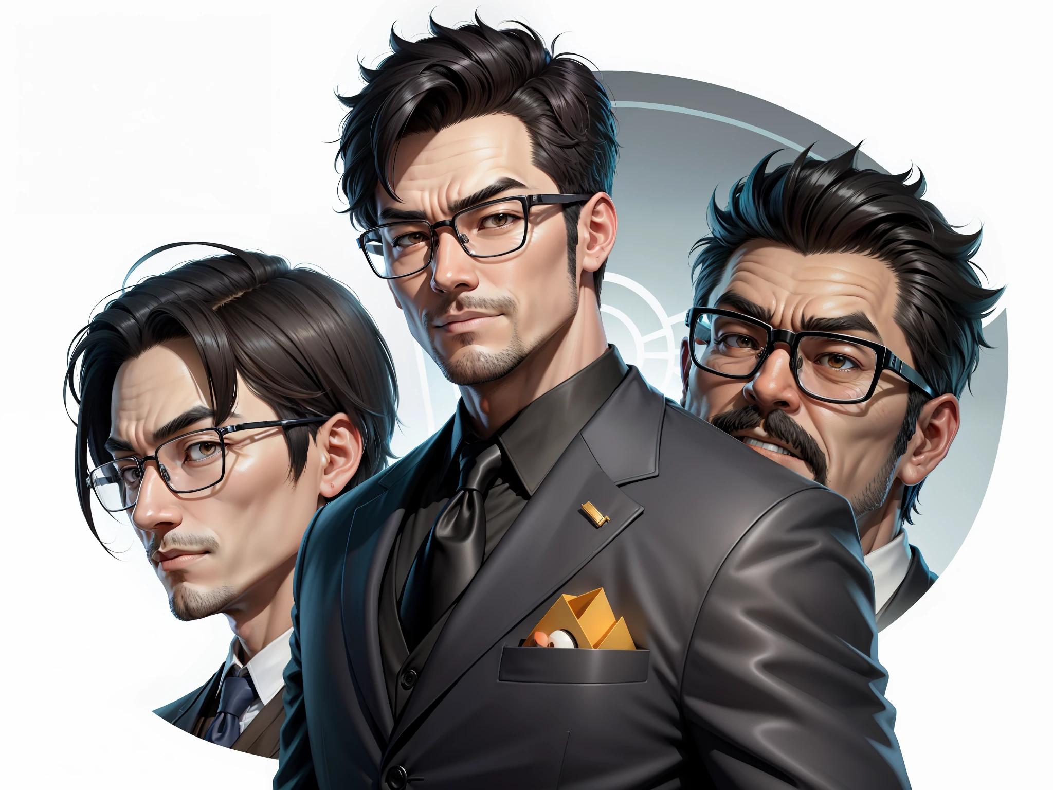 Super young man, oriental face, TV anchor, bust portrait illustration, alone, black suit, blue tie, silver glasses, slightly chubby face, clean face, no beard, black super short hair, black eyes, confident smile, 3c computer sub-product, iPad, iPhone, digital painting, 3D character design by Mark Claireden and Pixar and Hayao Miyazaki, the illustration is a 4K resolution HD illustration with very detailed facial features and cartoon-style visuals.