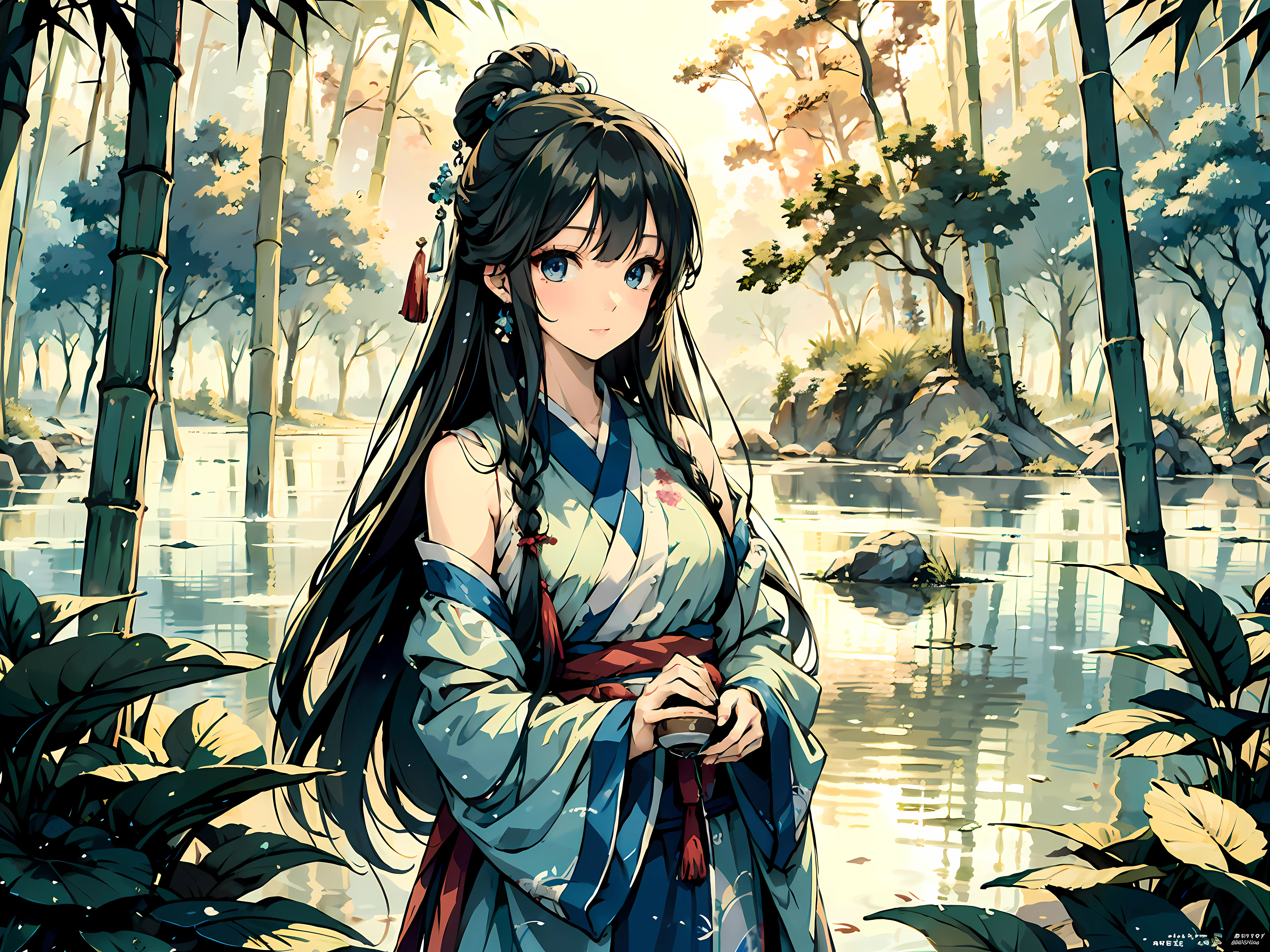 Here's the optimized Prompt based on Stable Diffusion format:
"Masterpiece official art, 8k wallpaper, best quality, highly detailed illustration. Depict a serene and pure scene with one girl in a hanfu, Azure hair cascading down her bare shoulders, detailed eyes with a soft smile. Set the scene in a forest ideally with a lake, include bamboo and tea to add detail and depth to the image."