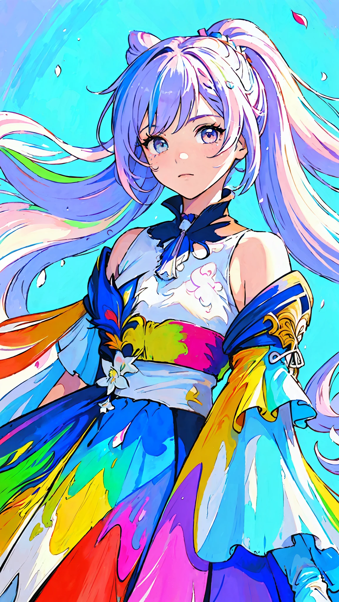 (Pink Fashion T-shirt:1.9),(Colorful hair: 1.8), (all the colours of the rainbow: 1.8),(((((vertical painting:1.6))), (painting:1.6),front, comics, illustrations, paintings, large eyes, crystal clear eyes,( rainbow color gradient high ponytail:1.7), exquisite makeup, closed mouth,(Small Fresh: 1.5),(Wipe Chest: 1.6) ,long eyelashes, white off shoulder T-shirt, White Shoulder Shirt,looking at the audience, large watery eyes, (rainbow colored hair:1.6), color splash, (solo:1.8), color splash, color explosion, thick paint style, messy lines, ((shining)),(colorful), (colorful), (colorful), colorful, Thick Paint Style, (Splash) (Color Splash), Vertical Painting, Upper Body, Paint Splash, Acrylic Pigment, Gradient, Paint, Highest Image Quality, Highest Quality, Masterpiece, Solo, Depth of Field, Face Paint, colorful clothes, (Elegant: 1.2), gorgeous,long hair, wind, (Elegant: 1.3), (Petals: 1.4),(((masterpiece))),(((best quality))),((ultra-detailed)),(illustration),(dynamic angle),((floating)),(paint),((disheveled hair)),(solo),(1girl) , (((detailed anima face))),((beautiful detailed face)),collar,bare shoulders,white hair, ((colorful hair)),((streaked hair)),beautiful detailed eyes,(Gradient color eyes),(((colorful eyes))),(((colorful background))),(((high saturation))),(((surrounded by colorful splashes))),