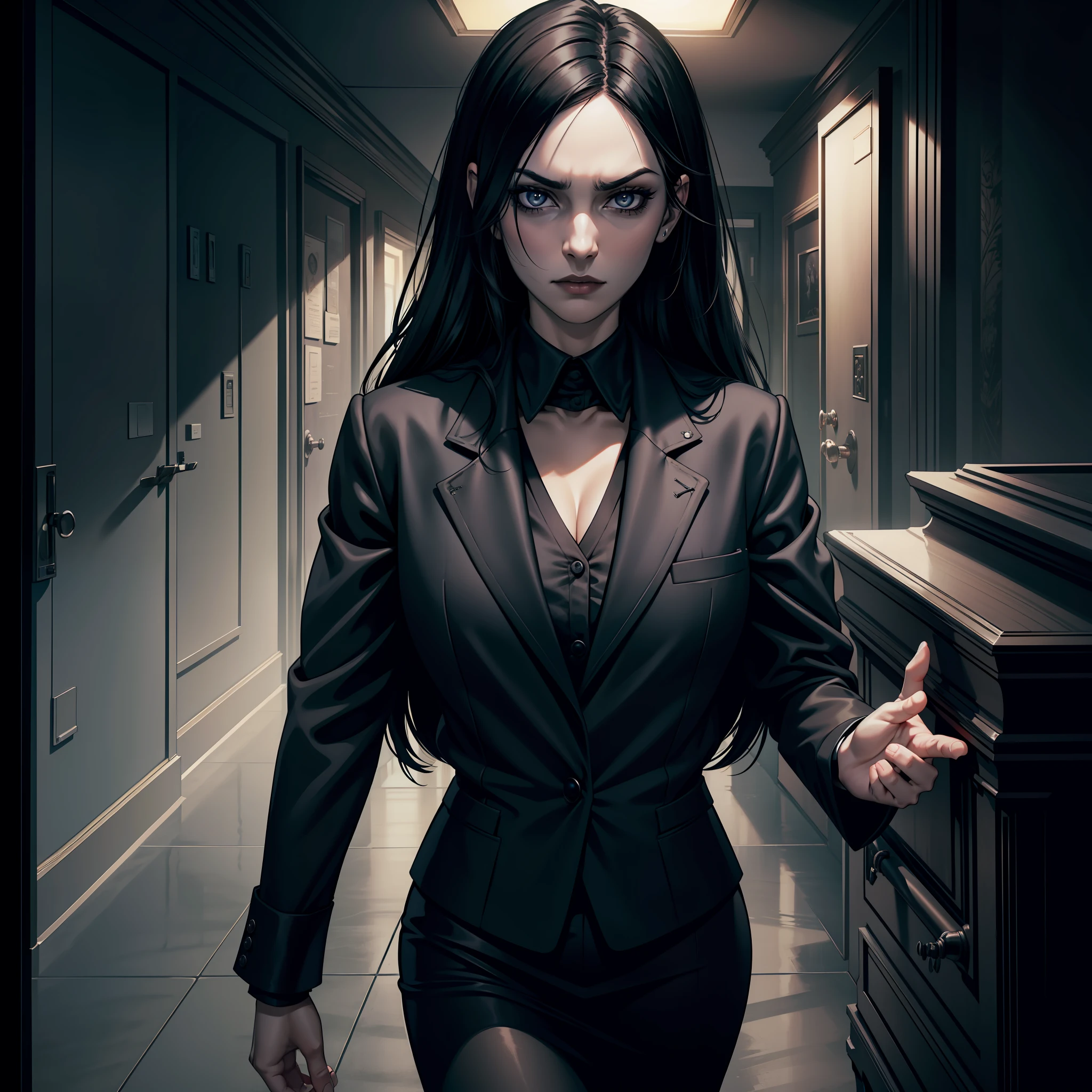 (extremely detailed 8k wallpaper), dark theme, Vampire the Masquerade, modern horror, 2020s, young woman, wearing black suit, funeral secretary, sharp focus, (subsurface scattering:1.1), award-winning photography, centered face, full body photo:1.1, long black hair pinned, gray eyes:1.2, indifferent expression, behind funeral home service desk, dramatic lighting