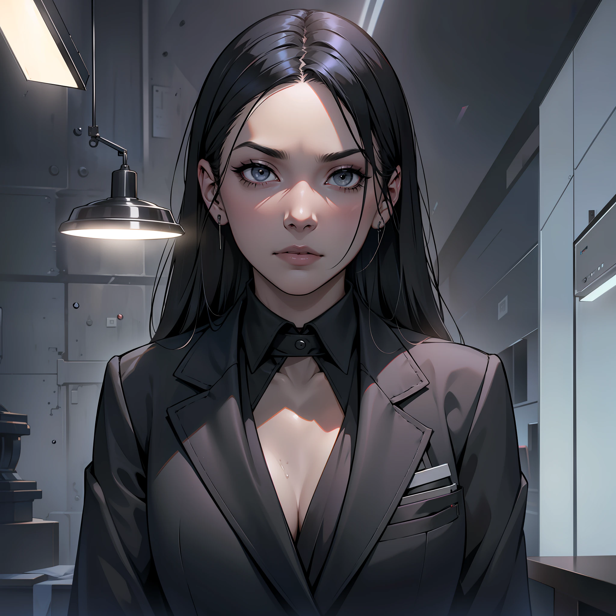 (extremely detailed 8k wallpaper), dark theme, Vampire the Masquerade, modern horror, 2020s, young woman, wearing black suit, funeral secretary, sharp focus, (subsurface scattering:1.1), award-winning photography, centered face, full body photo:1.1, long black hair pinned, gray eyes:1.2, indifferent expression, behind funeral home service desk, dramatic lighting
