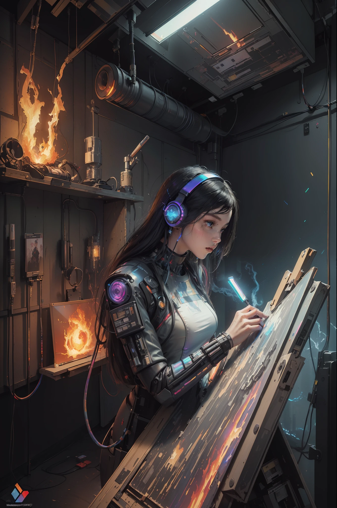 (masterpiece, best quality, highres, absurdres, detailed:1.2), humanoid, robot, wearing headphones, looking away, (cyberpunk, art canvas, paint brush, easel, iridescent, holographic: 1.6), (cables, wires, flames, fire, smoke, overheat, explosion, indoors, room, simple background)