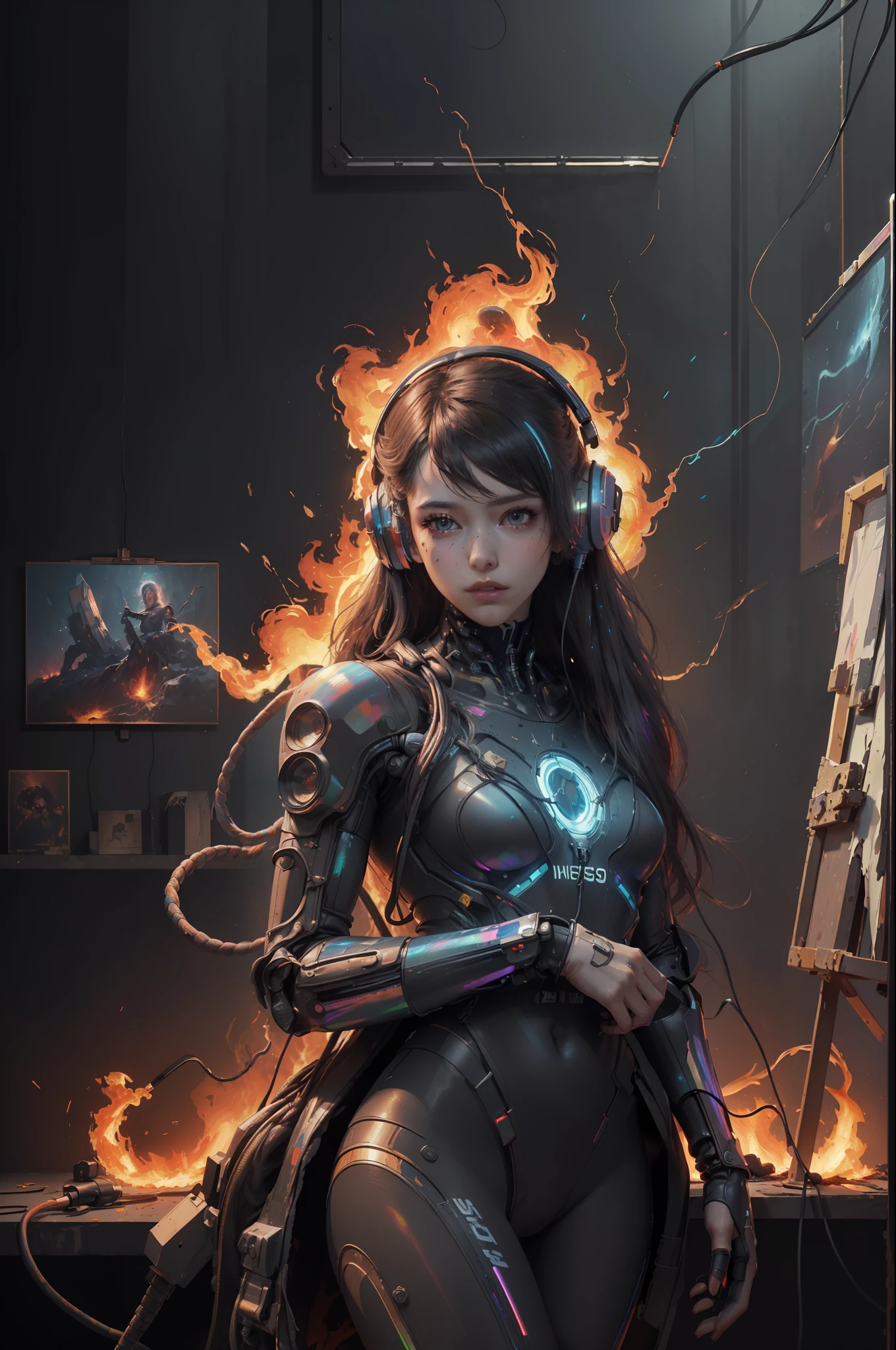 (masterpiece, best quality, highres, absurdres, detailed:1.2), humanoid, robot, wearing headphones, looking away, (cyberpunk, art canvas, paint brush, easel, iridescent, holographic: 1.6), (cables, wires, flames, fire, smoke, overheat, explosion, indoors, room, simple background)