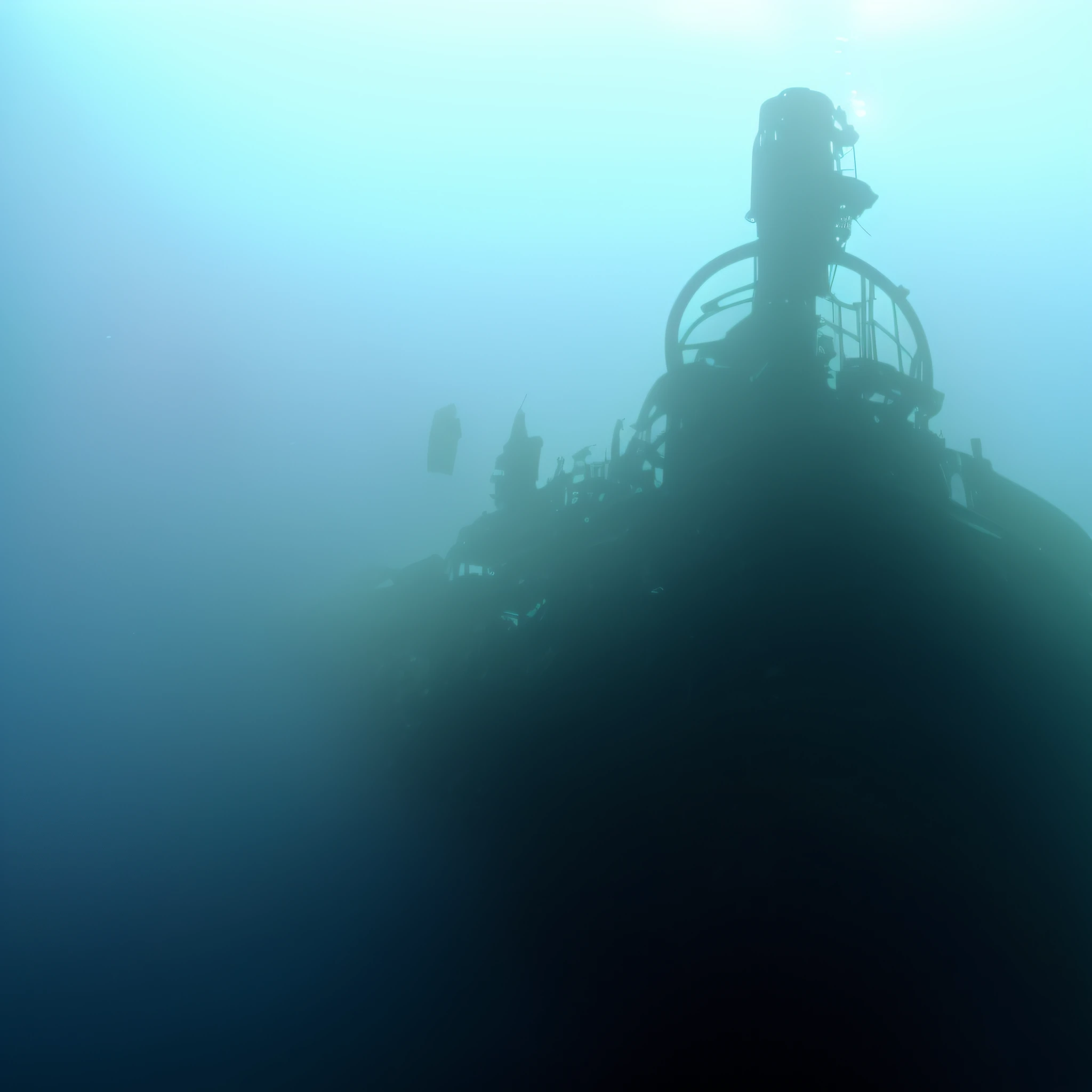 There is a submarine that is underwater with a light on, submarine sunk, portrait of a submarine sunk, sinking underwater, submarine in the background. dark, sunken, incredible depth, incredible depth, photo pov, depths, ocean bottom, background angle, deep sea image, shipwreck, ocean floor, submarine, deep look, background, deep sea, realistic, 4k, sharpness