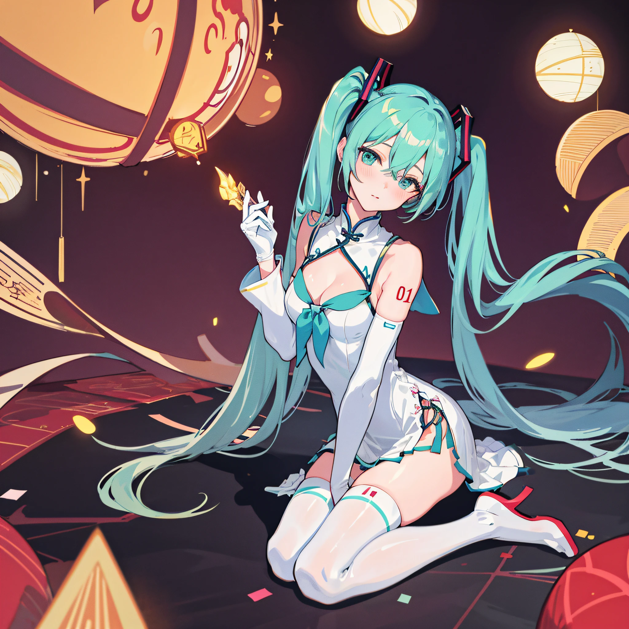 masterpiece, best quality,hatsune miku, light persona, gloves, long sleeves, bare shoulders, collarbone, front-tie top, thighs, skirt, zettai ryouiki,seiza, head tilt, full body, looking at viewer, 1girl, solo, medium breasts, sideboob, cleavage cutout, sailor collar,china dress, blush, white thighhighs,spread legs