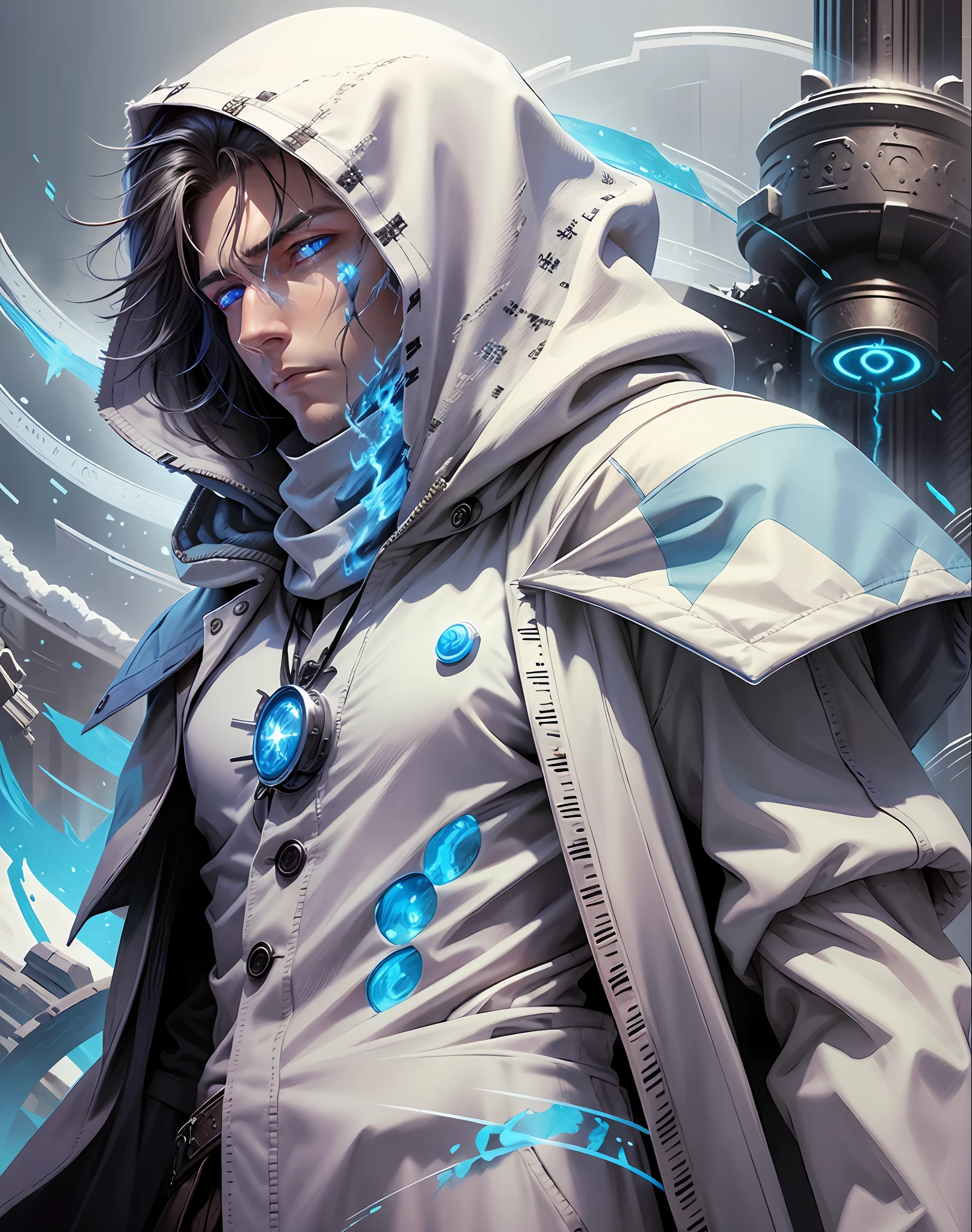 Guy with blue eye made of snow a scar on the eye equal flames being powerful looking like man and deep down if he had animal
in the shadow with face around debris and in the hand has fire and in the other hand lightning and waist has gun on the neck a tattoo is dressed white clothes wearing fancy overcoat and a hood --auto --s2
