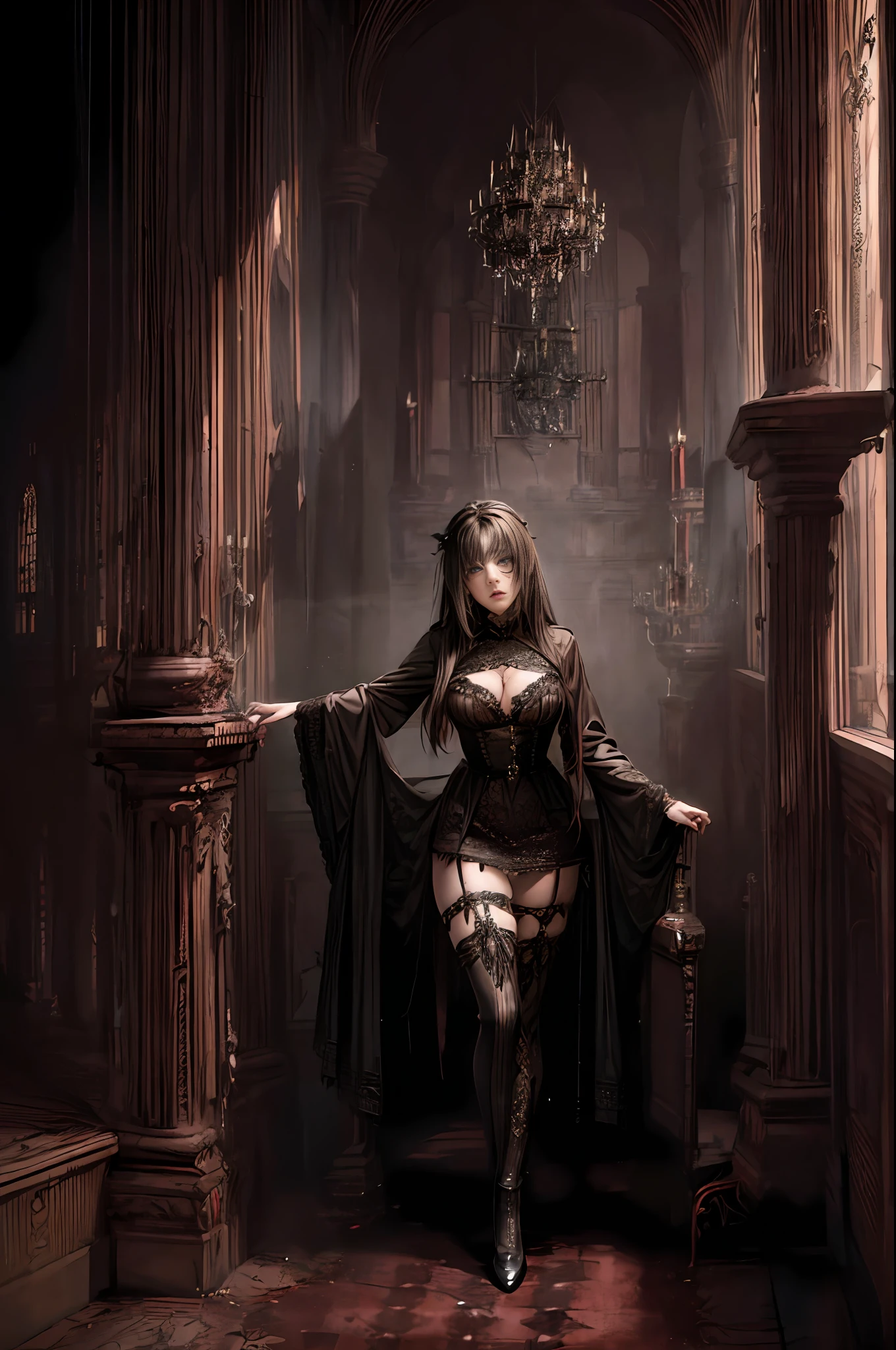 ((In the style of Dario Argento)) A sultry vampire seductively stalks her prey through the shadowy halls of an old gothic mansion. The dimly-lit room is filled with flickering candles and intricate silk tapestries. The vampire wears a tight, black corset with a plunging neckline and thigh-high boots, while her victim's expression is filled with a mix of terrified and desire. The walls are stained with blood and there's a creepy doll collection in the corner. There's a thunderstorm brewing outside and the only sounds are the vampire's footsteps and the cracking of lightning.
