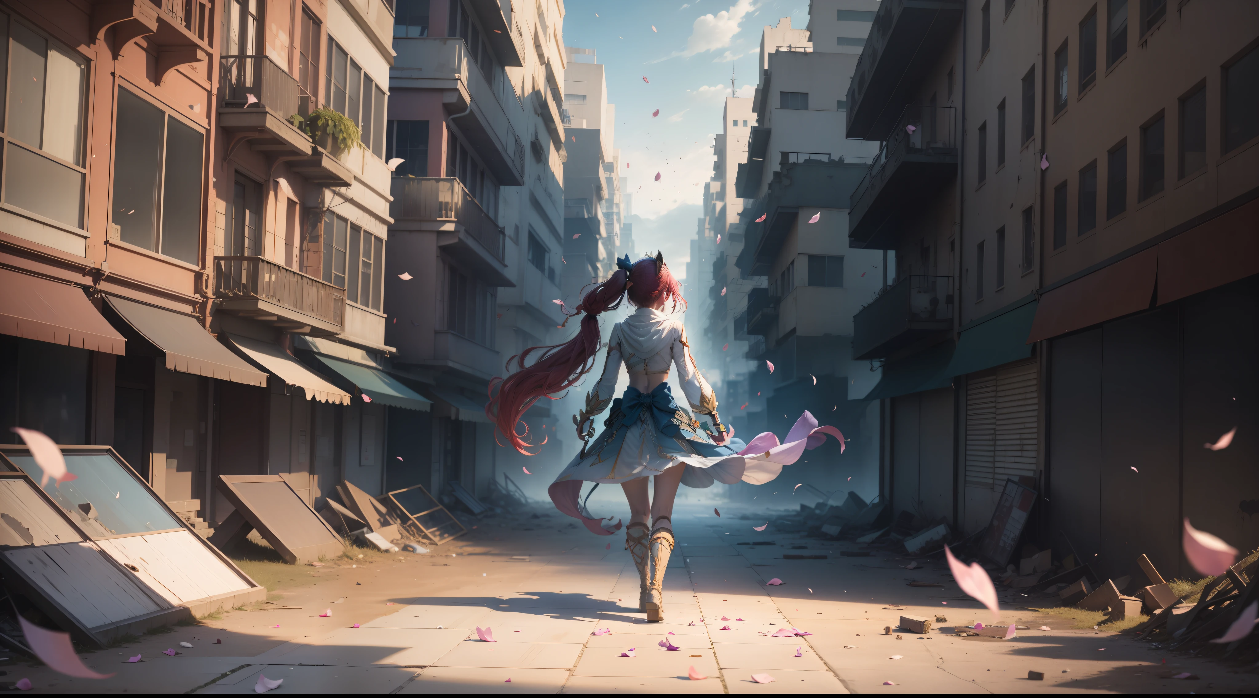 Epic scene of a magical girl, walking in a destroyed and empty city, petals falling, view from shore, hint of solitude