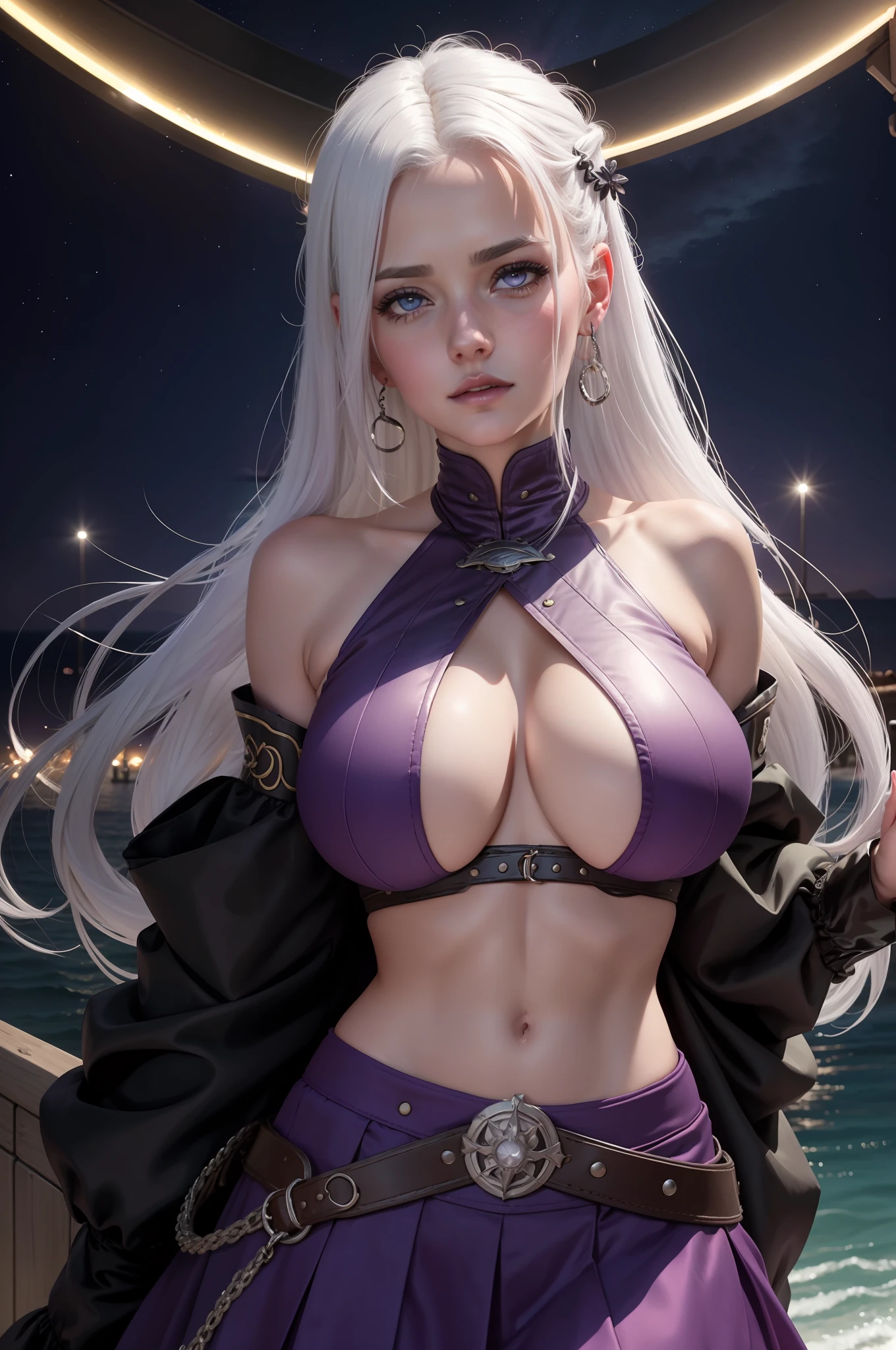 realistic, 1girl, white hair, purple eyes, glowing eyes, crop top, (underboobs:1.2), skirt, parted lips, big breasts, hands on her breasts, blush, night, sun, sunlight, sea village, sea at night, night sky, port