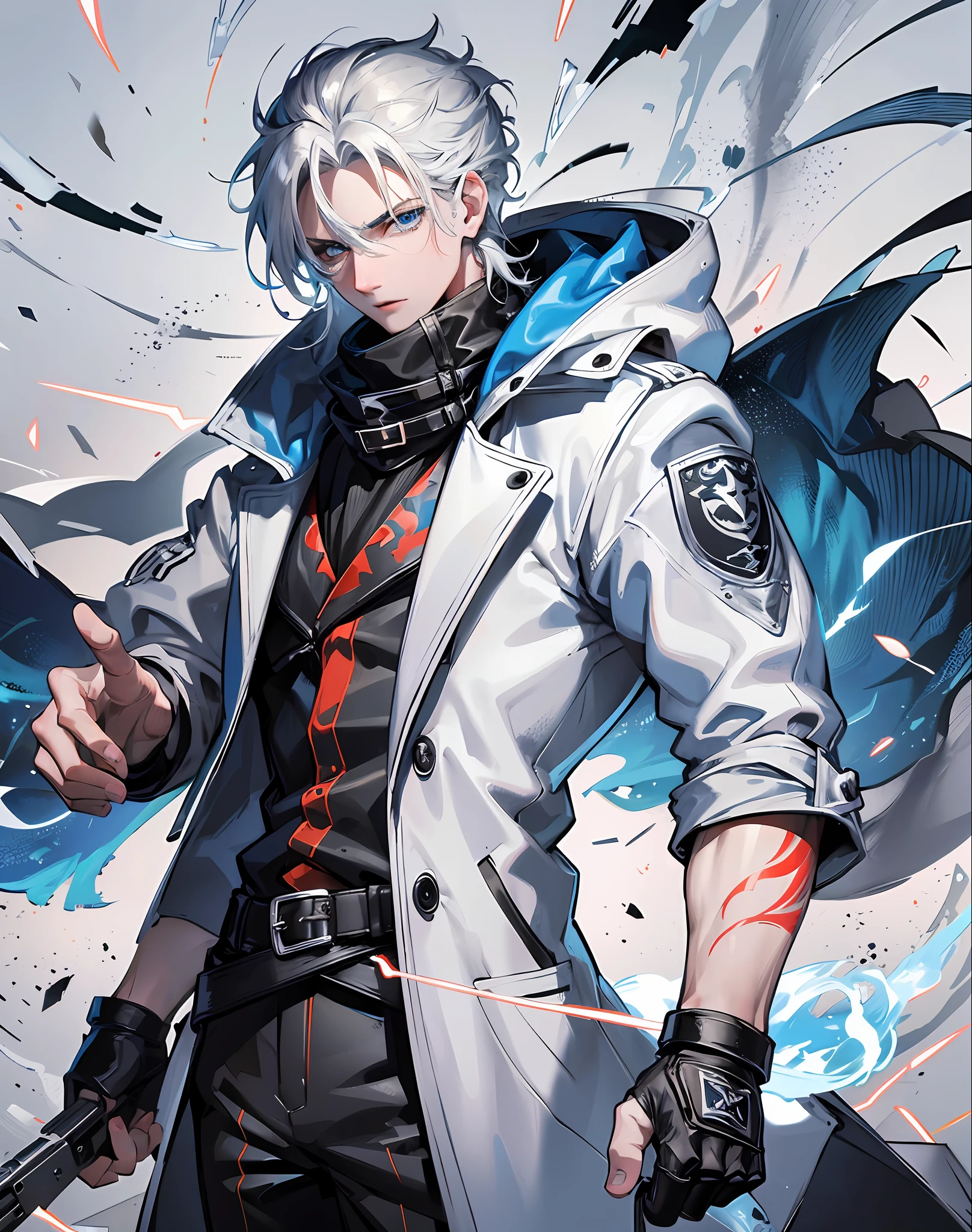 Guy with blue eye made of snow A scar on the eye like flames being powerful looking like man and in the background if he had a shadow with face around debris and in the hand has fire and in the other hand lightning and waist has gun on the neck a tattoo is dressed white clothes wearing fancy overcoat and a hood --auto --s2