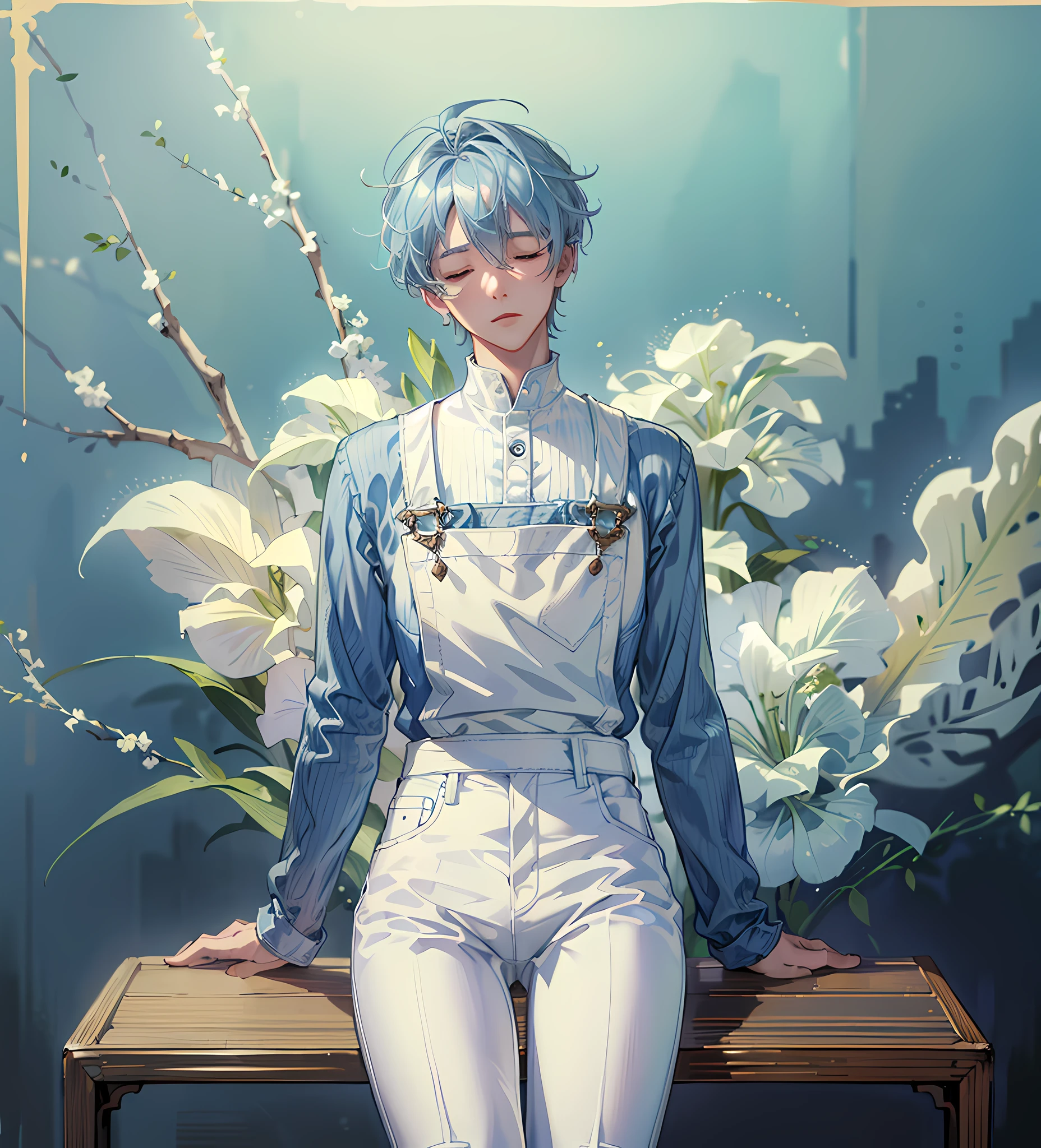 (absurdres, highres, ultra detailed, HDR), masterpiece, best quality, 1boy, solo, handsome, short hair, blue pastel hair, detailed face, jean denim bib, ((white pants)), ((closed eyes)), sitting on box, dark room background,