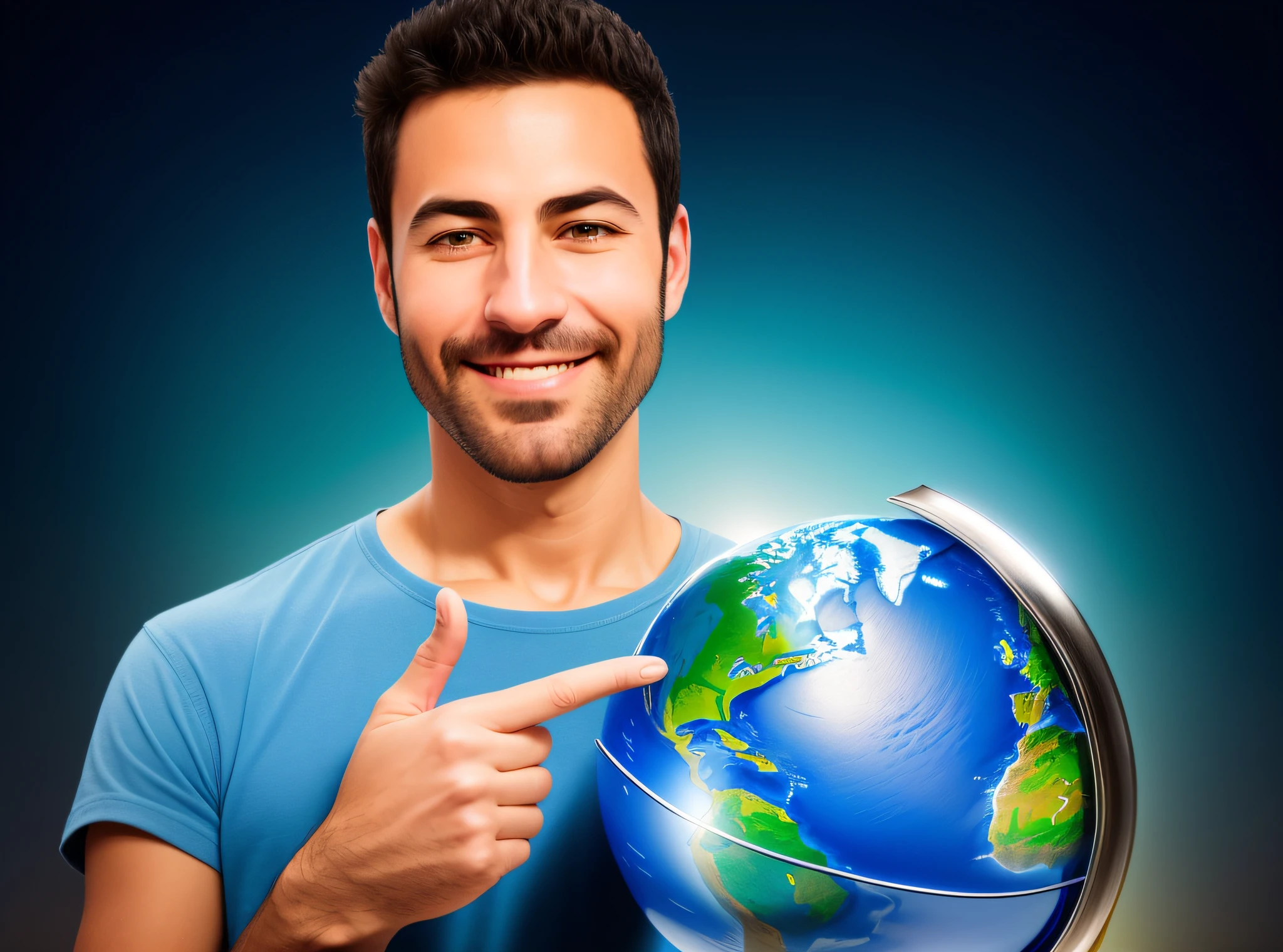 arafed man pointing at a globe with a smile on his face, with earth, by Kurt Roesch, by Jakob Gauermann, is holding a tiny planet earth, by Juan O'Gorman, by Luis Miranda, by Armin Hansen, holding a miniature earth, illustartion, shutterstock, by derek zabrocki, good proportions, no background