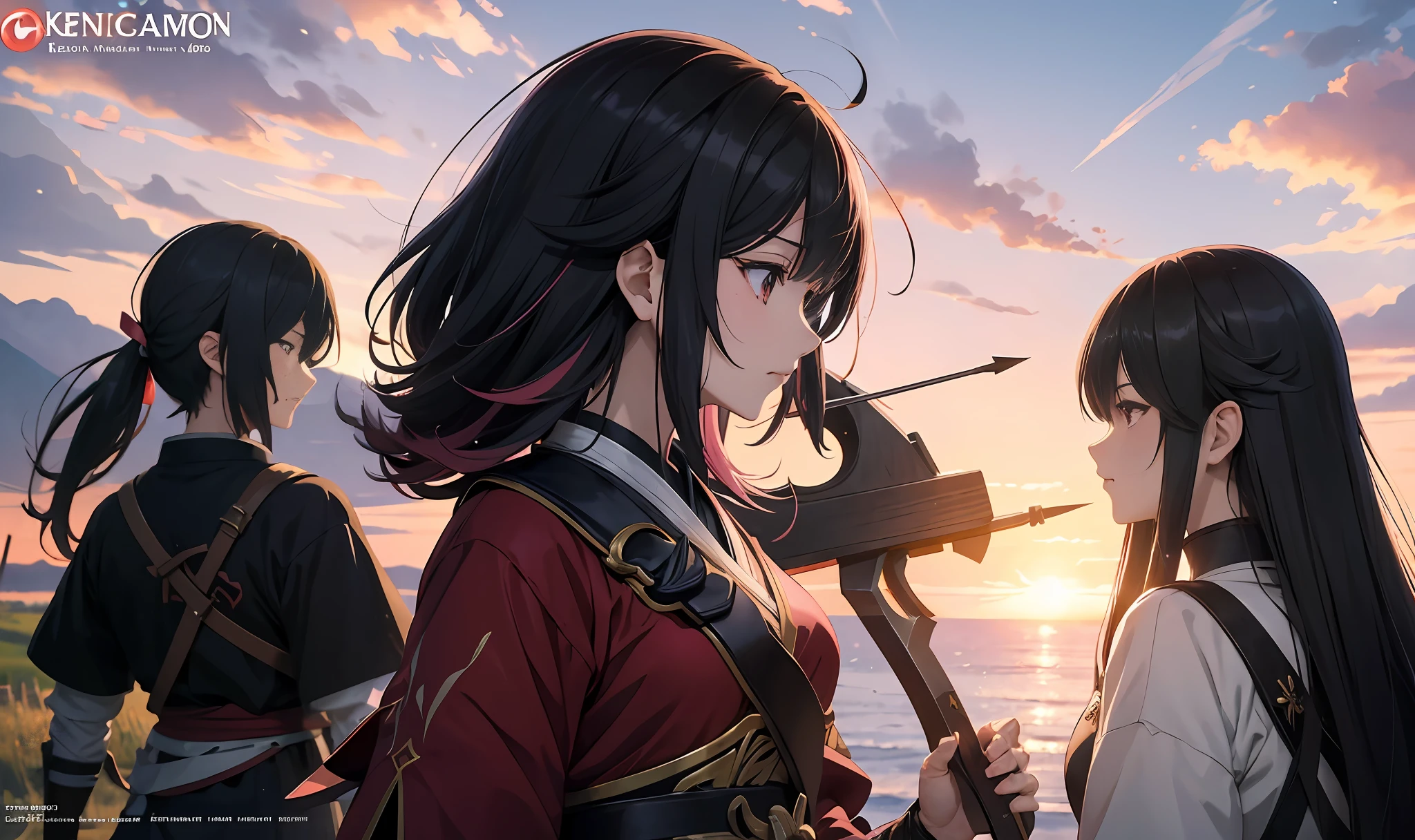 Anime characters fighting with crossbows and arrows in hand, high-detail official artwork, Keqing from Genshin Impact, key anime art with rich details, the style of Artgerm and Atey Ghailan, hair transitioning from black to pink, the karamon logo of the colorful world, characters from the atmosphere of Kennet San.