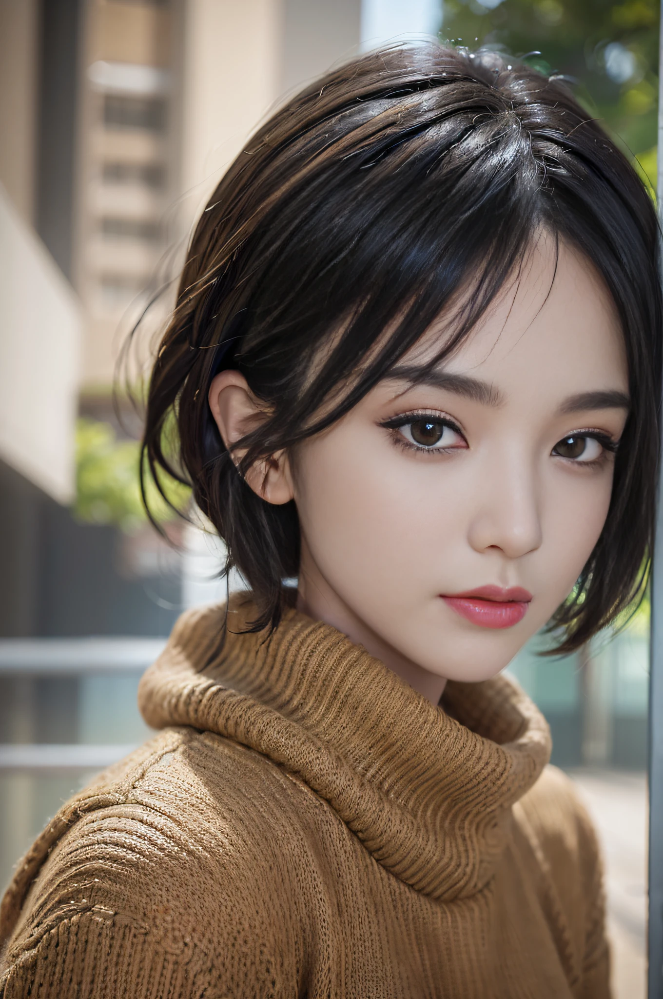 (masterpiece:1.3), (8k, photorealistic, RAW photo, best quality: 1.4), (1girl), beautiful face, (realistic face), (black hair, short hair:1.3), beautiful hairstyle, realistic eyes, beautiful detailed eyes, (realistic skin), beautiful skin, (sweater), absurdres, attractive, ultra high res, ultra realistic, highly detailed, golden ratio