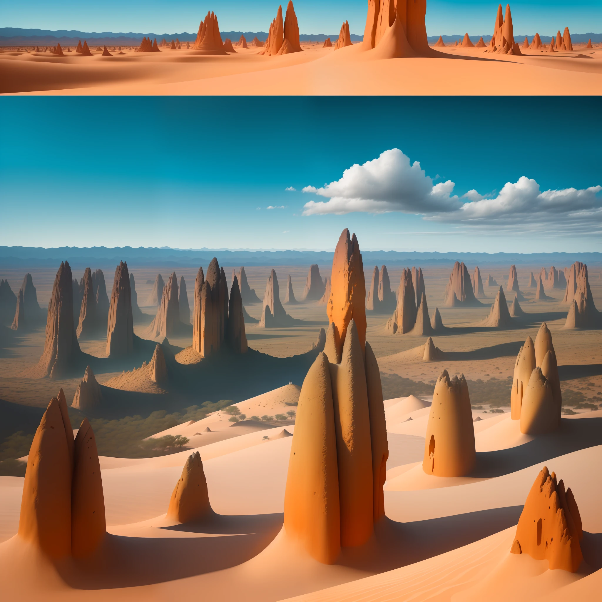 From a panoramic perspective, the Pinnacles Desert unfurls as a majestic sea of limestone formations. Their stark shadows stretch across the golden sands under the intense midday sun, highlighting the sheer scale and density of these timeless giants. Against the backdrop of an intensely blue sky, the grandeur of the desert is amplified, offering a striking and vivid contrast. This viewpoint gloriously encapsulates the raw, untouched beauty of the Pinnacles, painting an uncommonly mesmerizing tableau of the landscape.