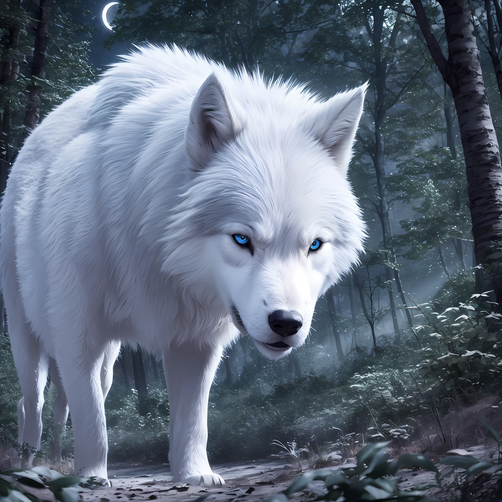 giant wolf,white,alpha,blue eyes,in the forest,at night,full moon,hd,4k,full,wallpaper,hd,best picture --auto --s2