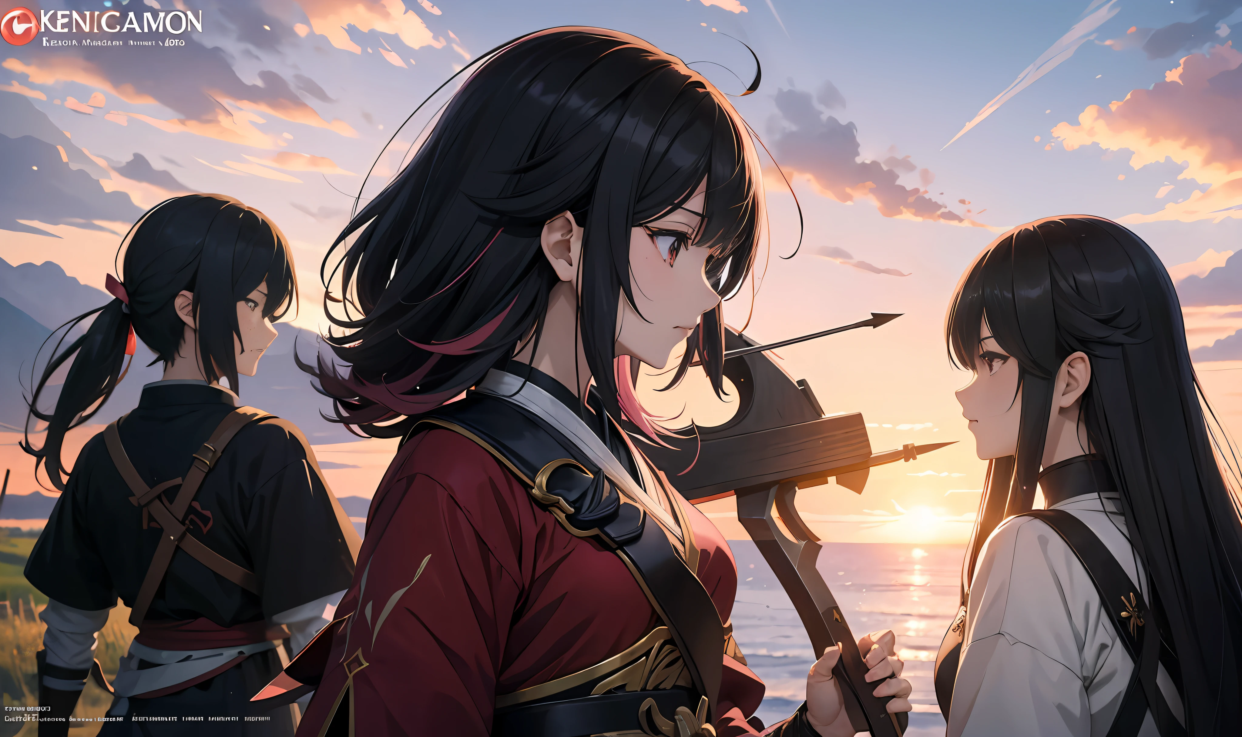 Anime characters fighting with crossbows and arrows in hand, high-detail official artwork, Keqing from Genshin Impact, key anime art with rich details, the style of Artgerm and Atey Ghailan, hair transitioning from black to pink, the karamon logo of the colorful world, characters from the atmosphere of Kennet San.