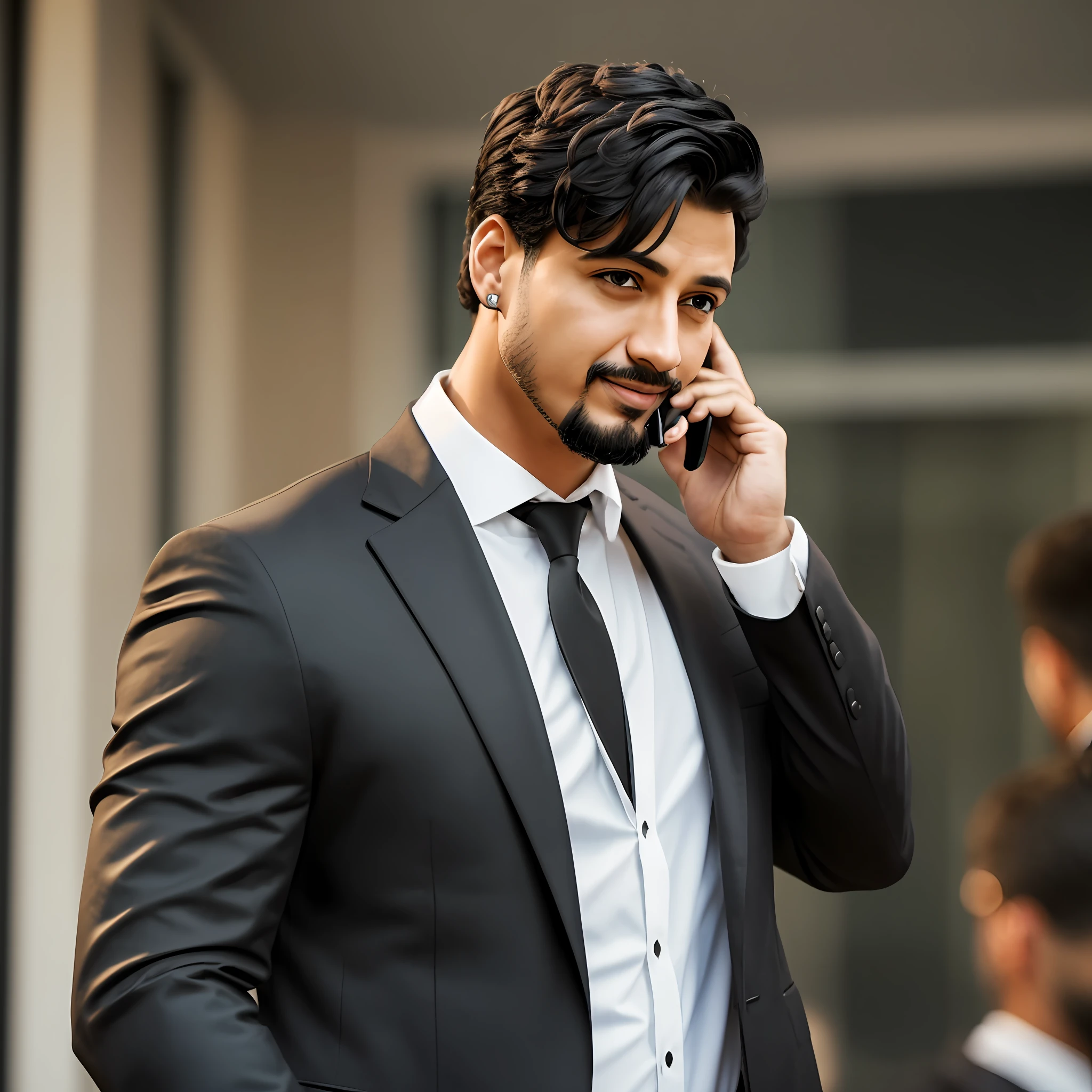 A man in a black blazer at a corporate event. Man with short hair goatee. Talking on the phone. Event with people. Background blurred. Image 8k. Realistic. Man short black hair and goatee --auto --s2