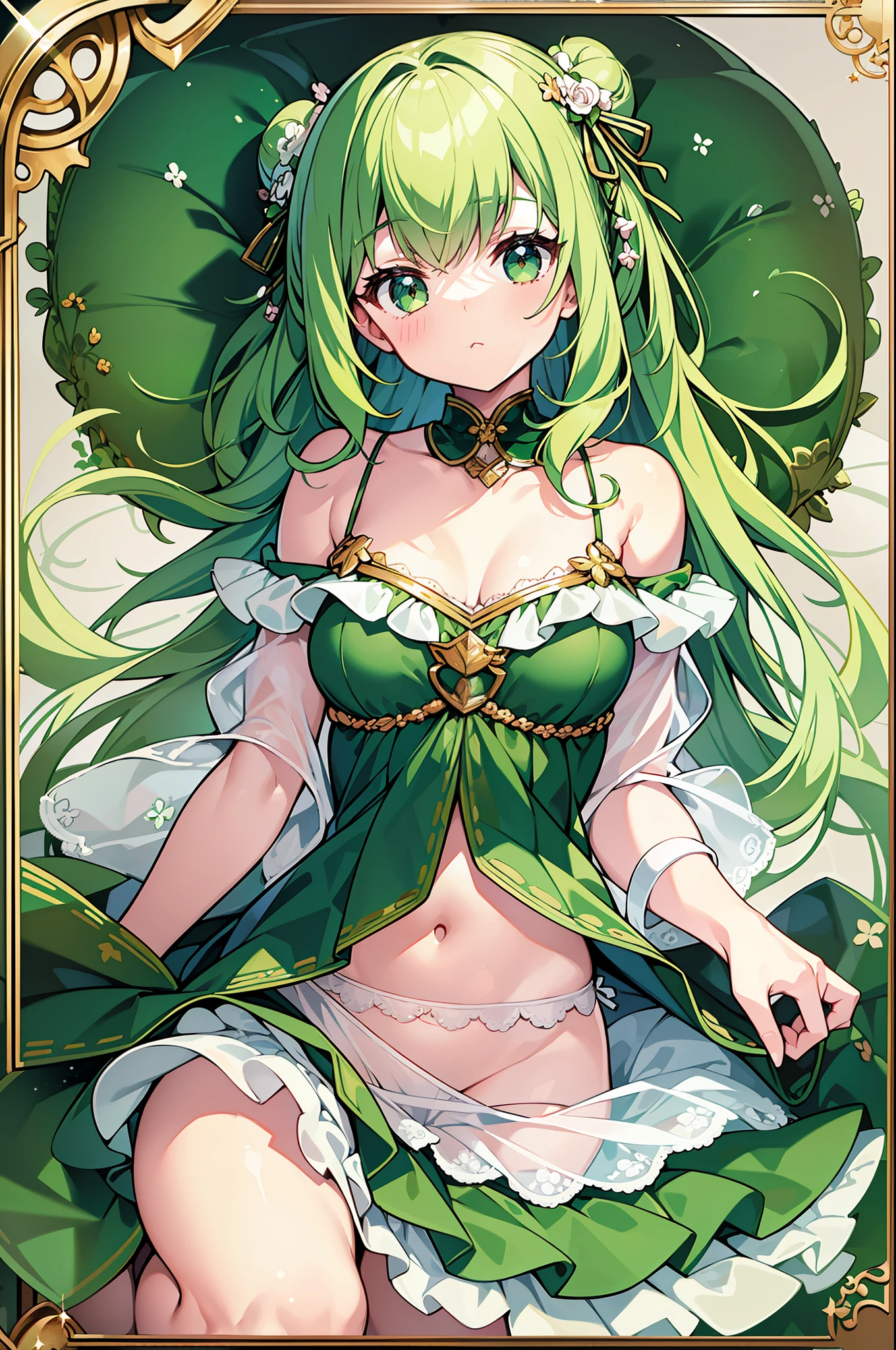 (MASTERPIECE), (Best Quality), (Super Detail), Official Art, One Girl, Lori with Pale Green Hair, Petite  Girl, Loli, Green and White See-Through Dress, Sleeveless, Off Shoulder, Small, Very Small, Small, Cleavage, Thigh Focus, Navel, Card Illustration, Wind