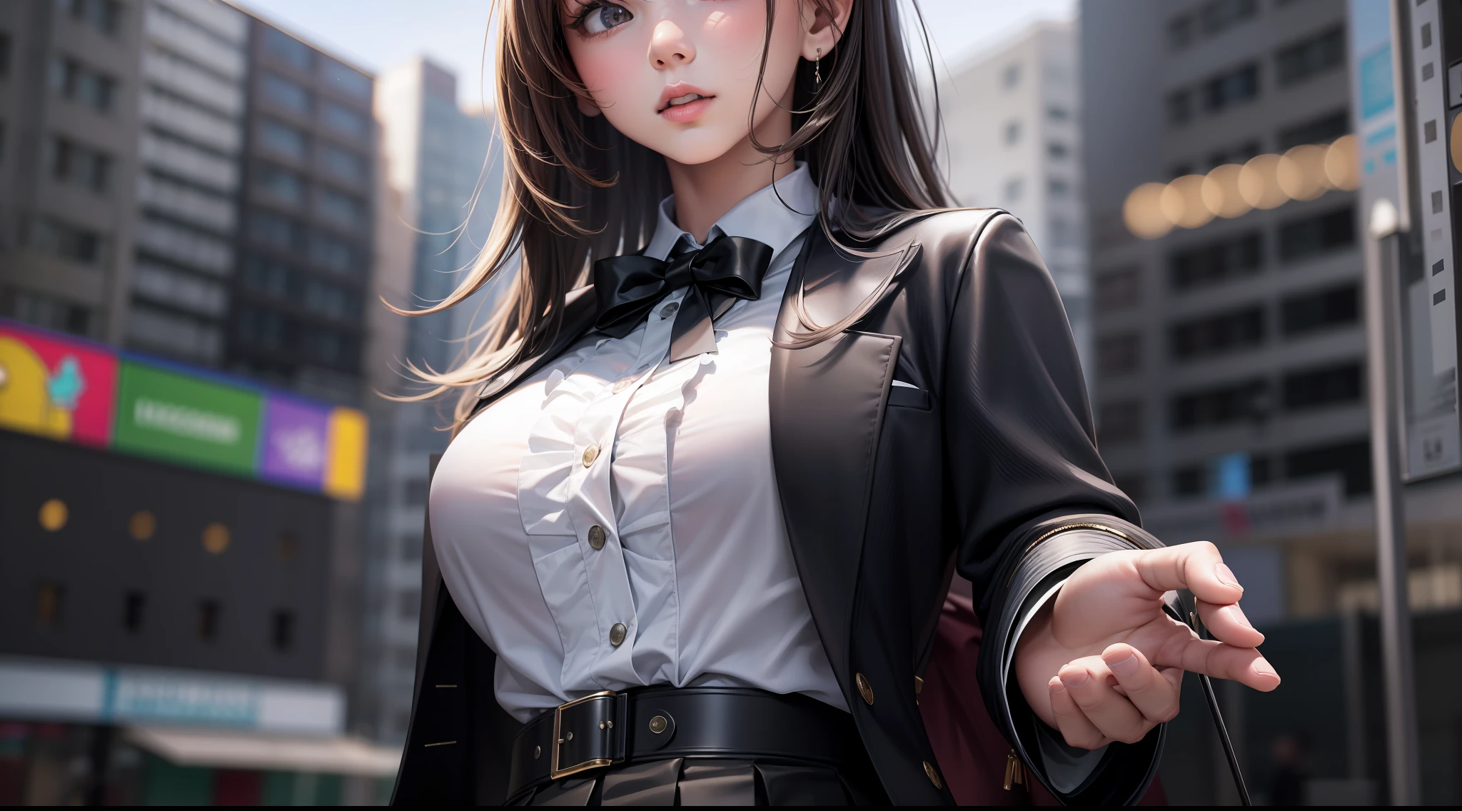 best quality, masterpiece, 1girl, Beautiful face, (photo realistic:1.3), rim lighting, (high detailed skin:1.2), 8k uhd, dslr, high quality, high resolution, 4k, 8k, Bokeh, absurdres, best ratio four finger and one thumb, (realistic:1.3), ulzzang, cute kawaii 1girl, wearing black formal blazer, medium breasts, short skirt,