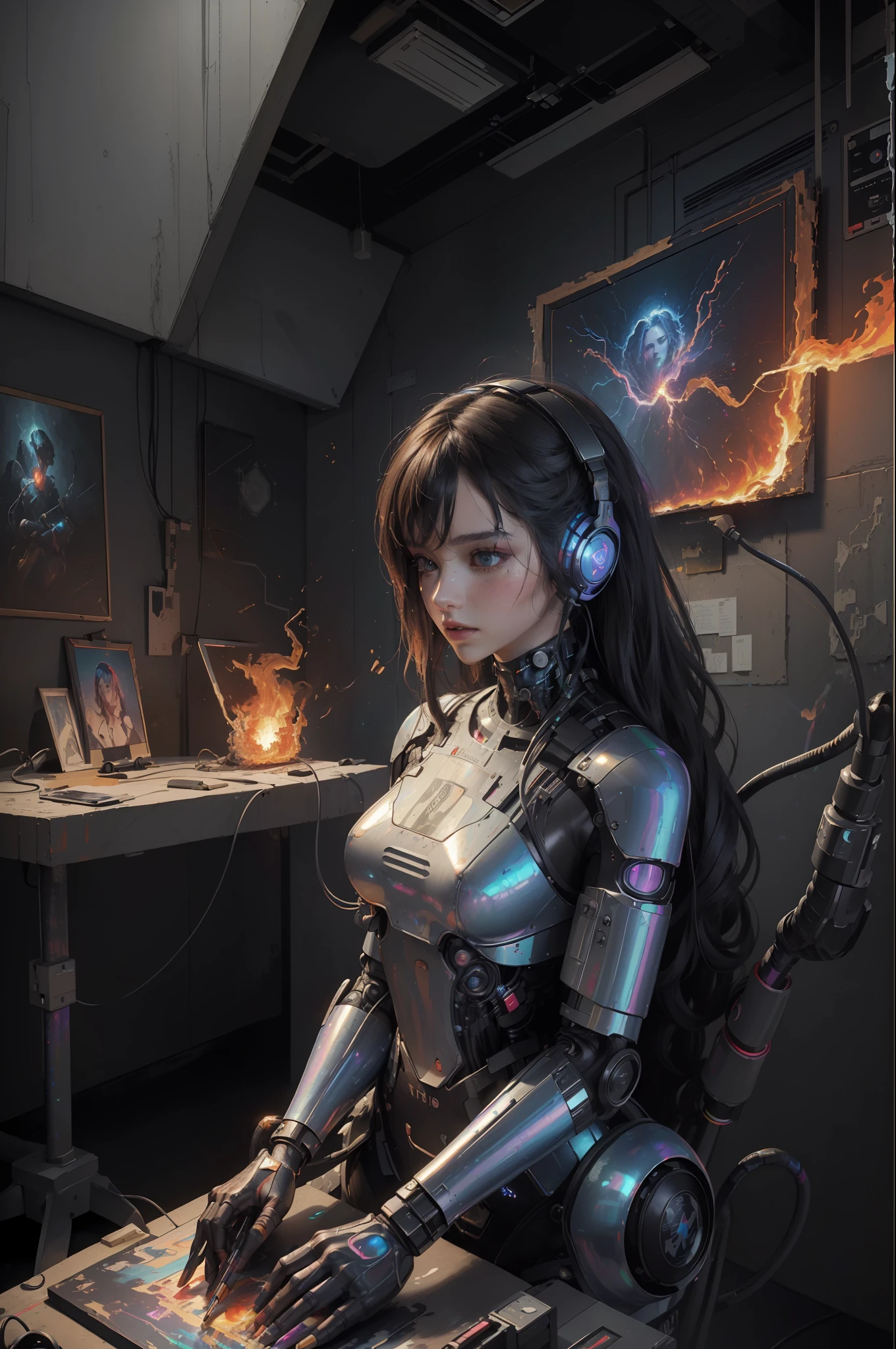 (masterpiece, best quality, highres, absurdres, detailed:1.2), humanoid, robot, wearing headphones, looking away, (cyberpunk, art canvas, paint brush, easel, iridescent, holographic: 1.6), (cables, wires, flames, fire, smoke, overheat, explosion, indoors, room, simple background)