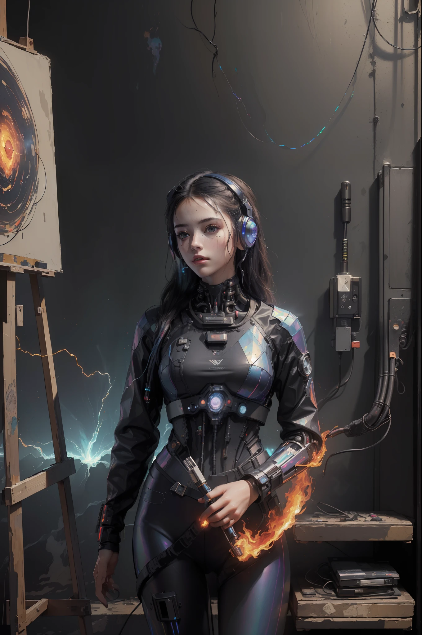 (masterpiece, best quality, highres, absurdres, detailed:1.2), humanoid, robot, wearing headphones, looking away, (cyberpunk, art canvas, paint brush, easel, iridescent, holographic: 1.6), (cables, wires, flames, fire, smoke, overheat, explosion, indoors, room, simple background)