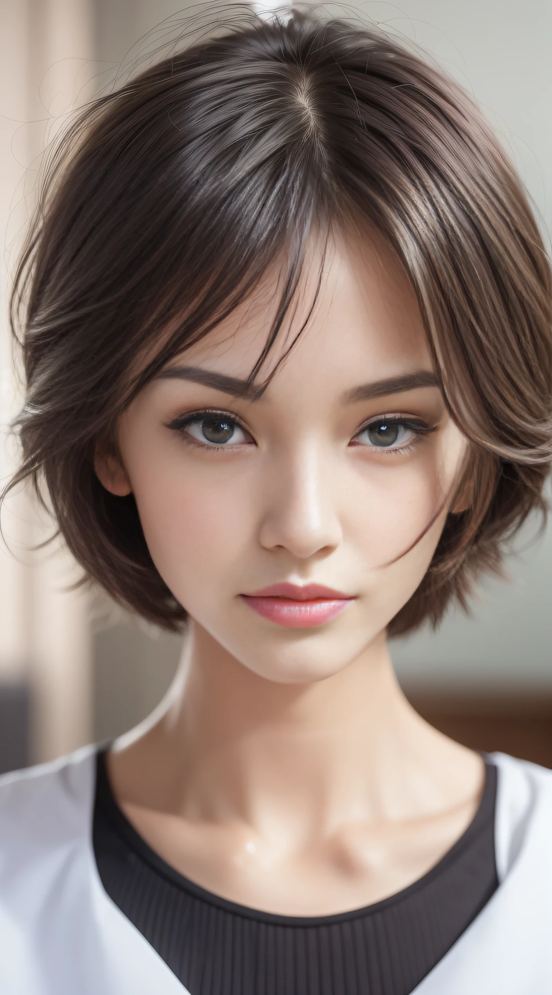 (slim body, highly detailed face, best quality: 1.2), a beautiful woman, woman looking sick, pale face, look at the viewer, (hospital clothes), (short hair, disheveled hair, black hair),