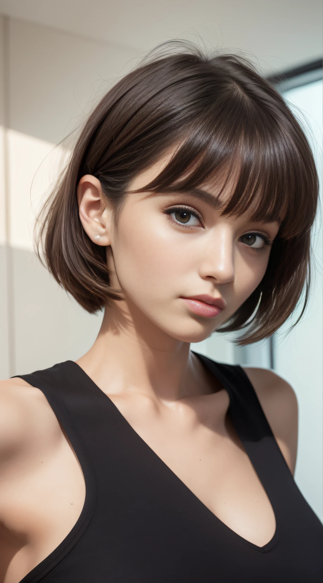 (slim body, highly detailed face, best quality: 1.2), a beautiful woman, woman looking sick, pale face, look at the viewer, (hospital clothes), (short hair, disheveled hair, black hair),