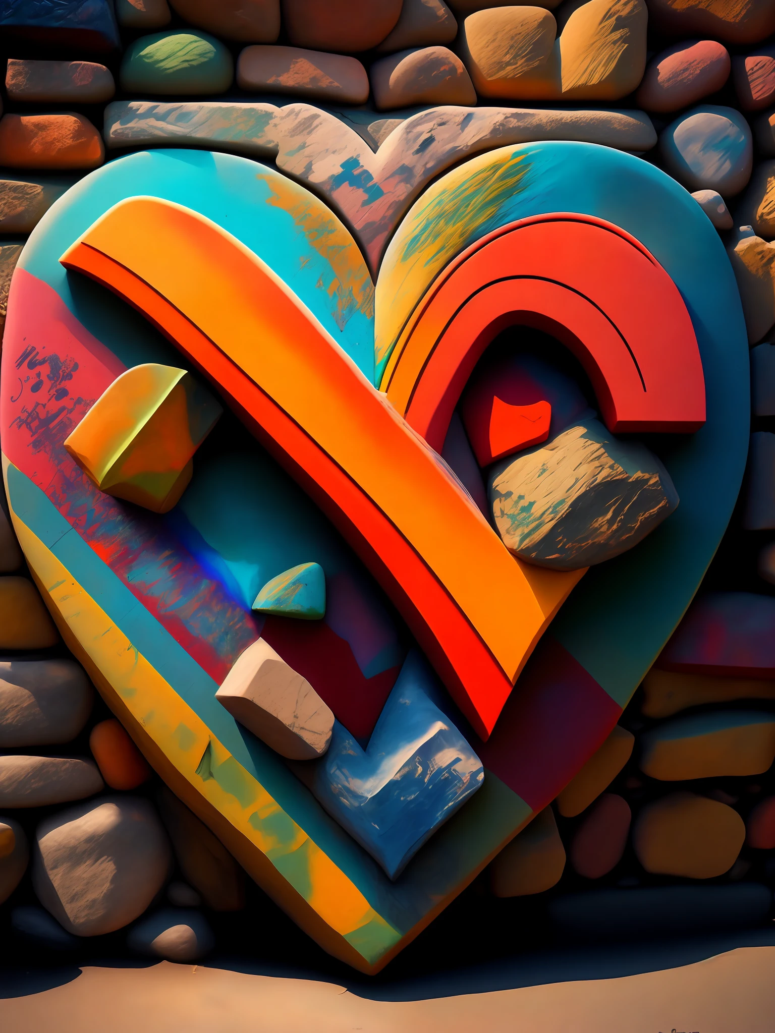 the graffiti style of love that made from stone piles, ((soft colorful, rich colors,high detailed, masterpiece,natural lighting, high quality ,graffiti style))