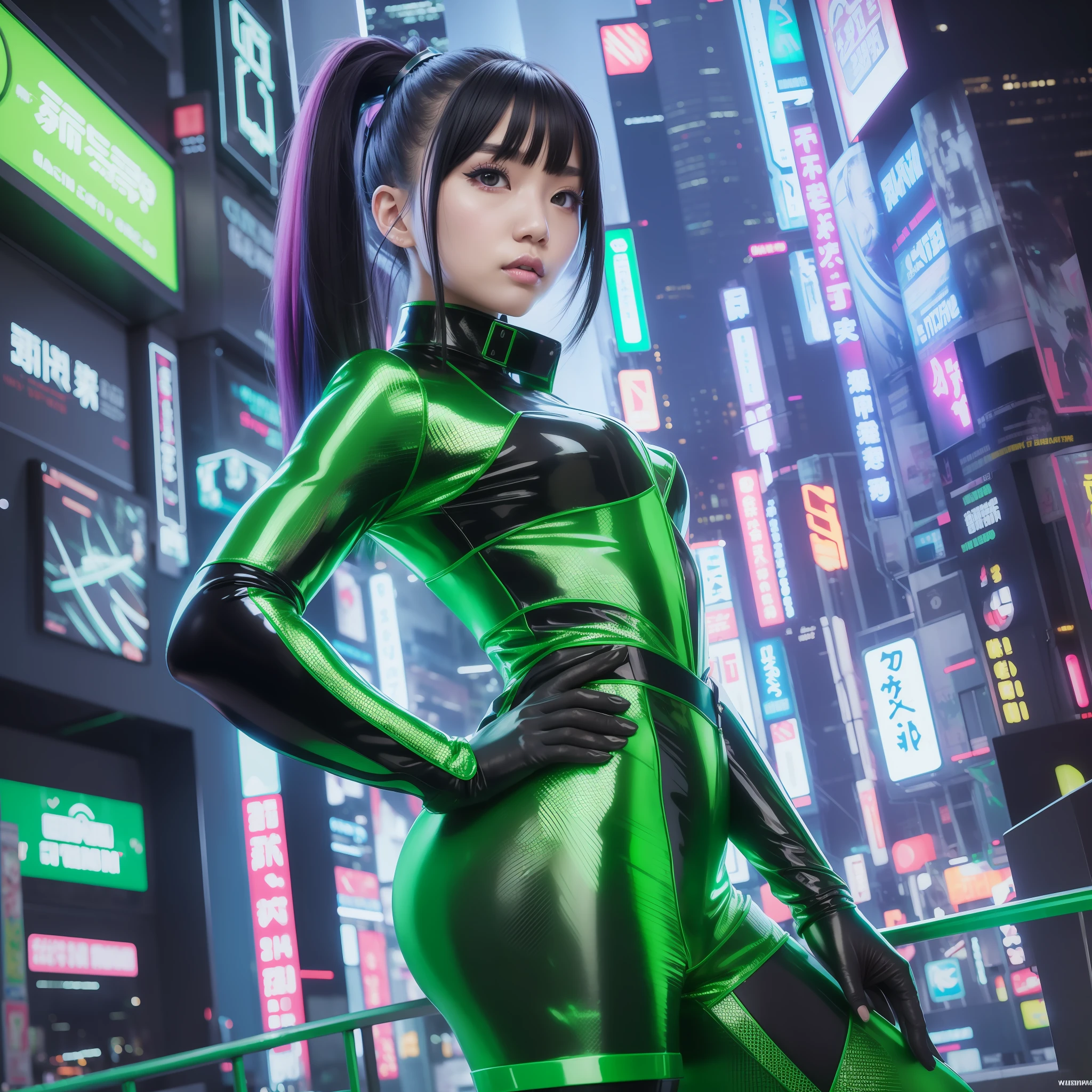 Young Asian woman in shiny futuristic clothes as cyberpunk character in neonninja style, futuristic city. Green neon color, young gravure idol, sensual gravure, sexy and cool, provocative look, night, glittering neon, futuristic, concept art, blade runner worldview, painting, illuminated, close-up, detail, sparkling.