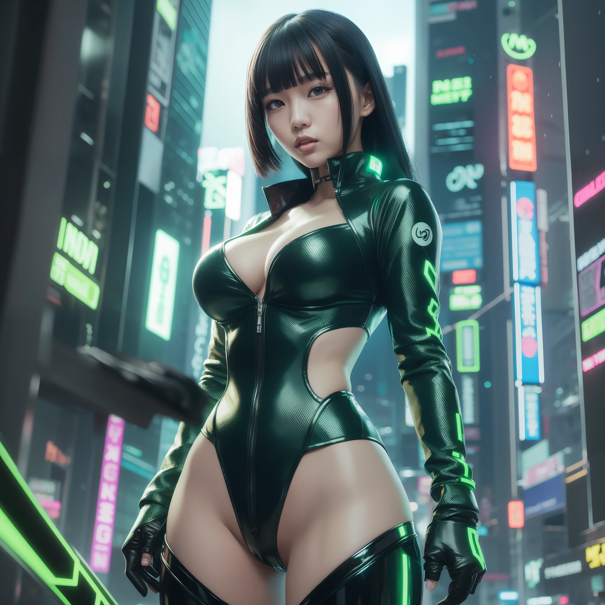 Young Asian woman in shiny futuristic clothes as cyberpunk character in neonninja style, futuristic city. Green neon color, young gravure idol, sensual gravure, sexy and cool, provocative look, night, glittering neon, futuristic, concept art, blade runner worldview, painting, illuminated, close-up, detail, sparkling.